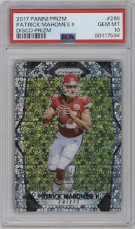 Patrick Mahomes II from the 2017 Panini Prizm set featuring a Disco parallel graded by PSA and given an overall grade of 10.