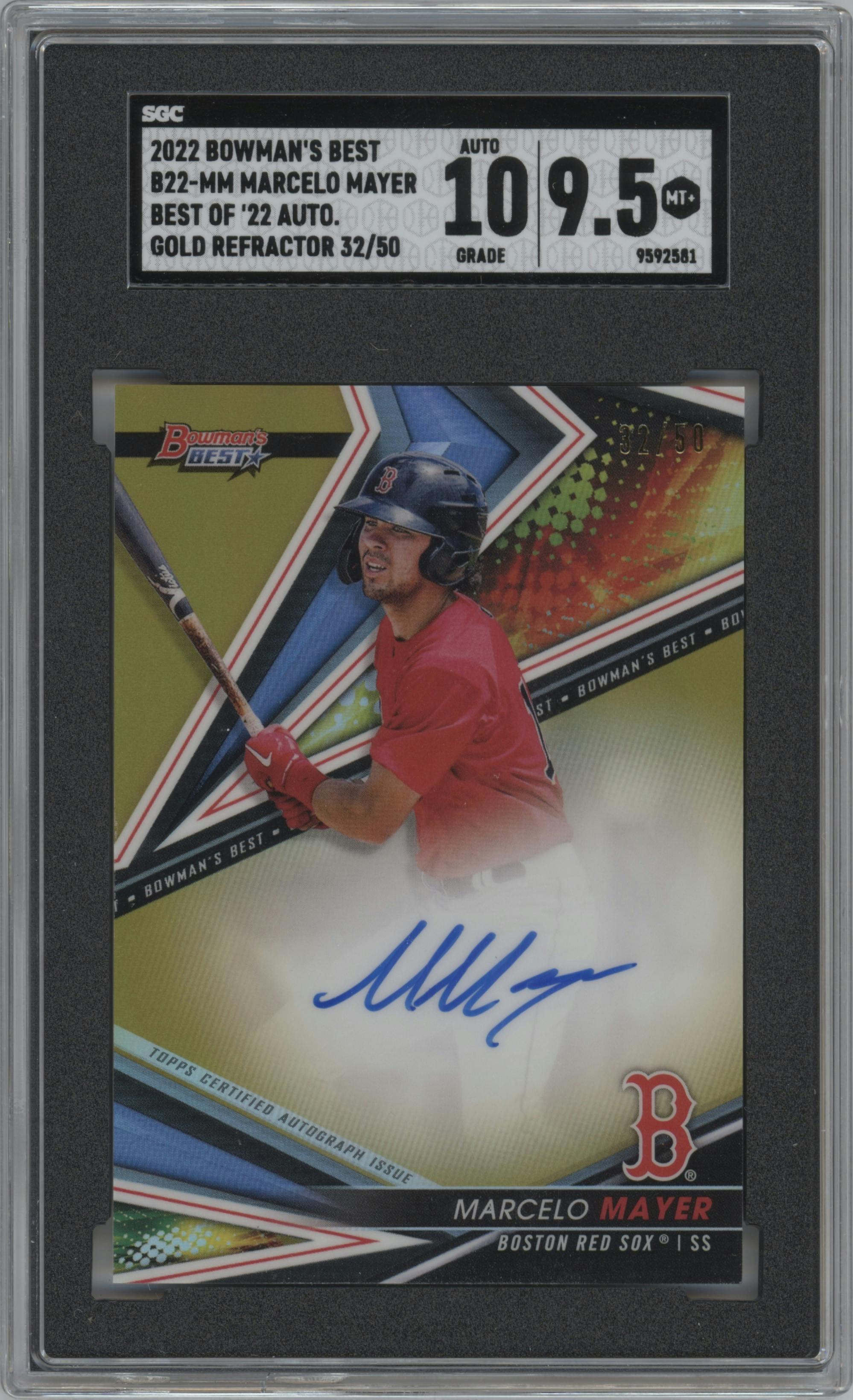 Marcelo Mayer from the 2022 Bowman’s Best   set featuring a Gold Refractor parallel graded by SGC and given an overall grade of 9.5.