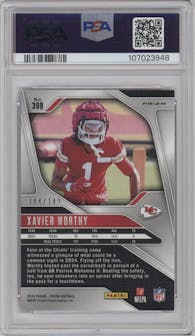 Xavier Worthy from the 2024 Panini Prizm set featuring a Red Wave parallel graded by PSA and given an overall grade of 10.