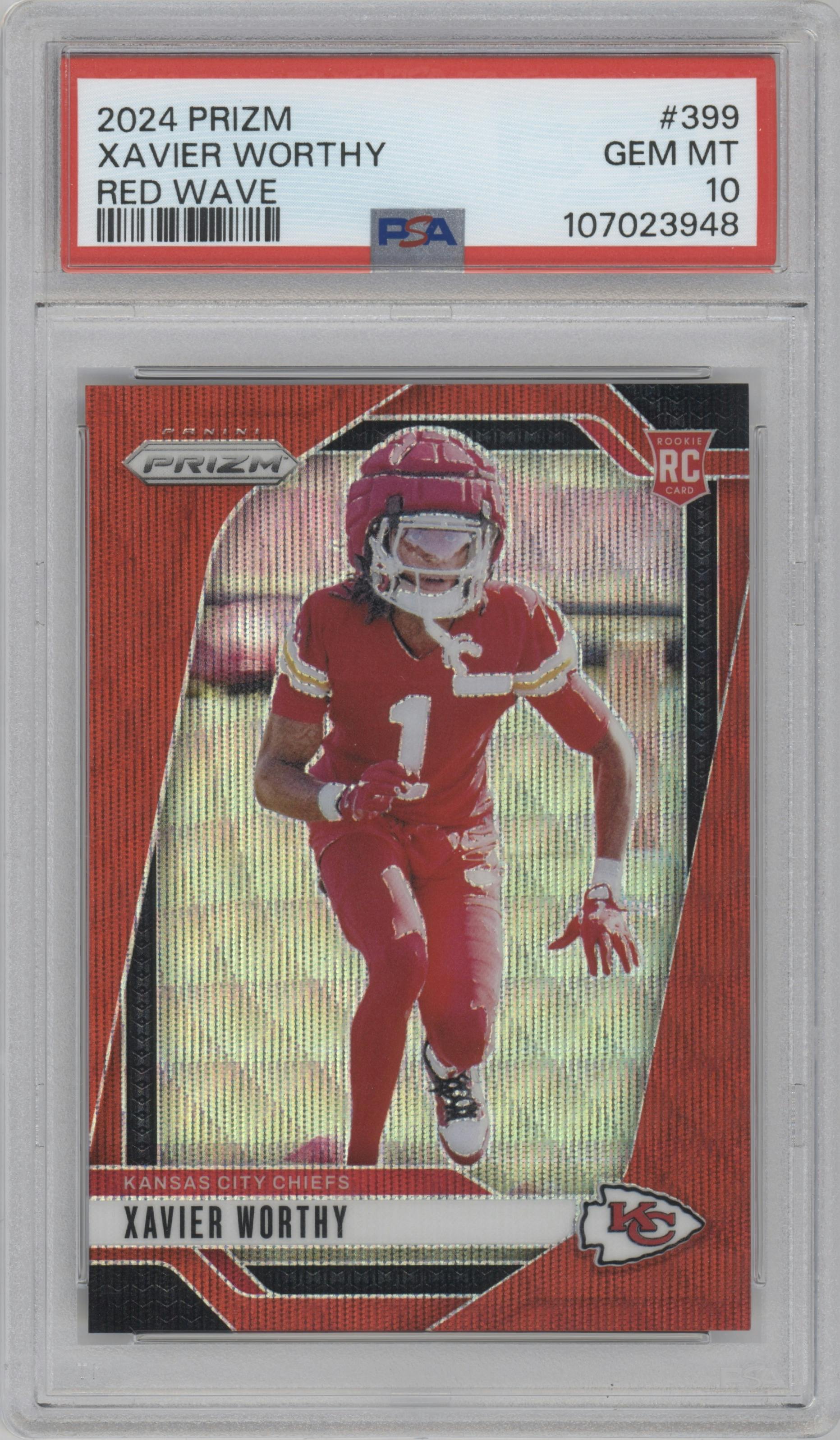 Xavier Worthy from the 2024 Panini Prizm set featuring a Red Wave parallel graded by PSA and given an overall grade of 10.