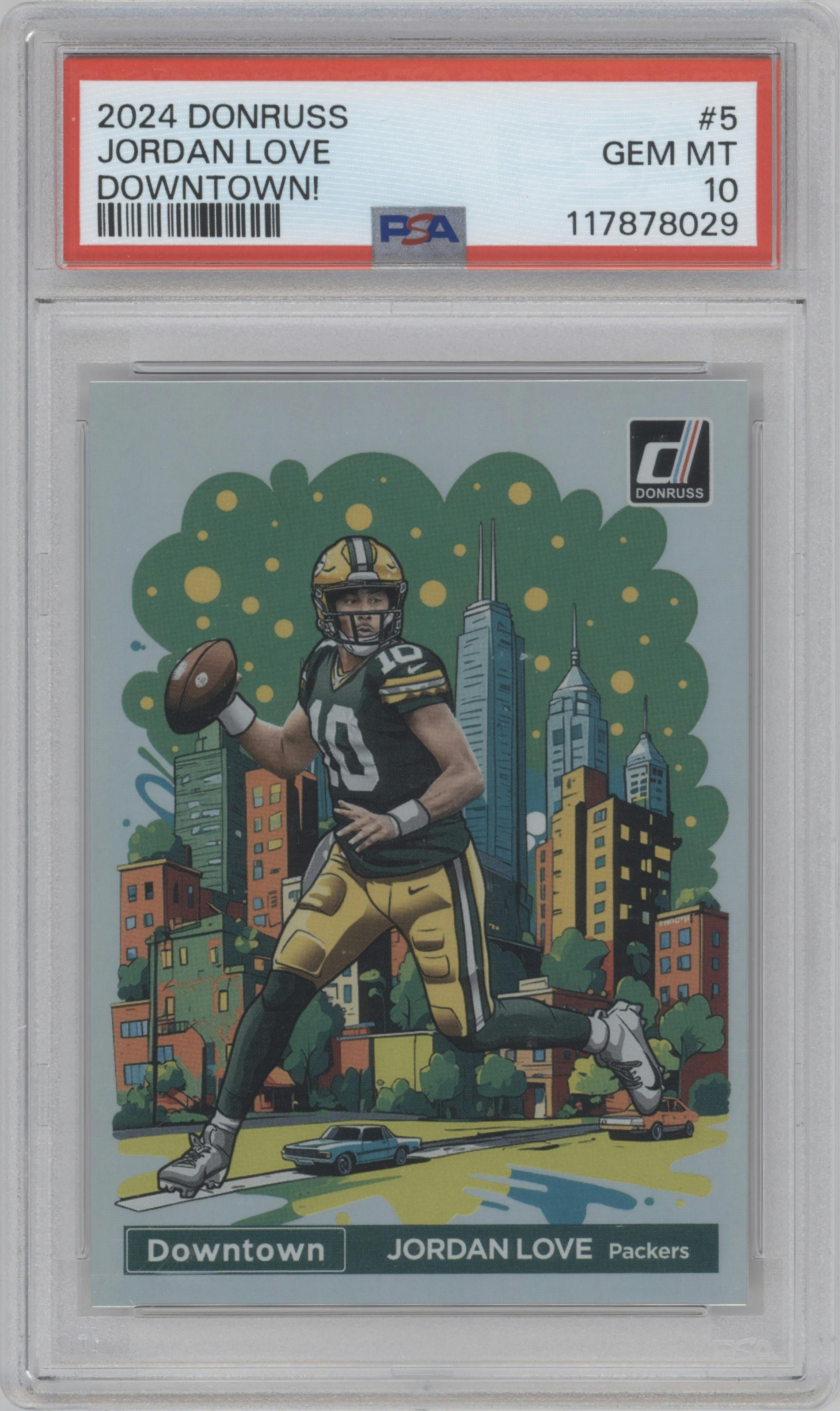 Jordan Love from the 2024 Donruss set graded by PSA and given an overall grade of 10.