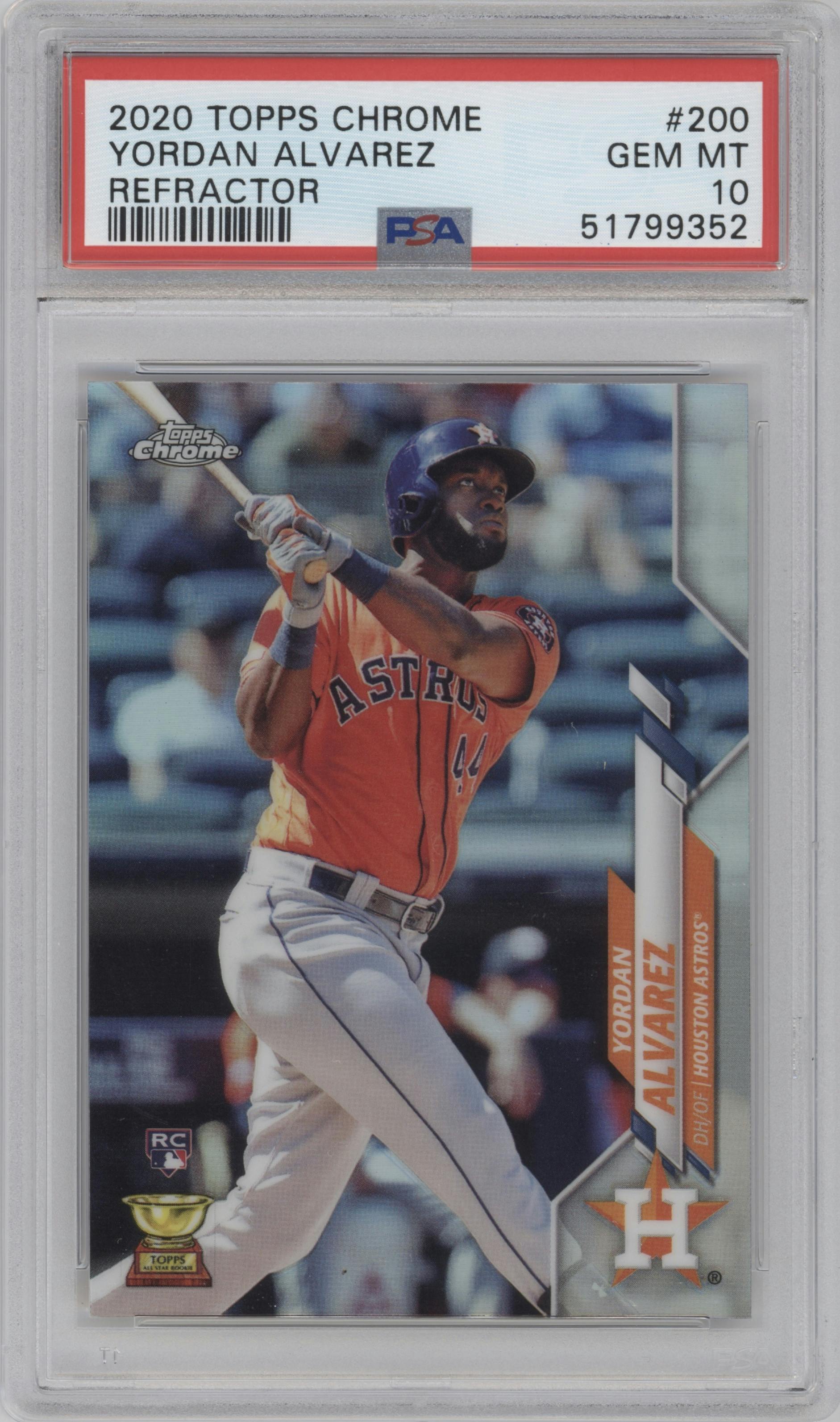 Yordan Alvarez from the 2020 Topps Chrome set featuring a Refractor  parallel graded by PSA and given an overall grade of 10.