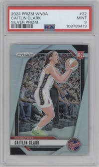 Caitlin Clark from the 2024 Panini Prizm WNBA set featuring a Silver Prizm parallel graded by PSA and given an overall grade of 9.