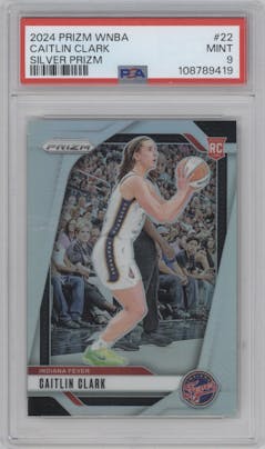 Caitlin Clark from the 2024 Panini Prizm WNBA set featuring a Silver Prizm parallel graded by PSA and given an overall grade of 9.