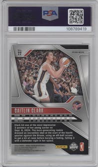 Caitlin Clark from the 2024 Panini Prizm WNBA set featuring a Silver Prizm parallel graded by PSA and given an overall grade of 9.