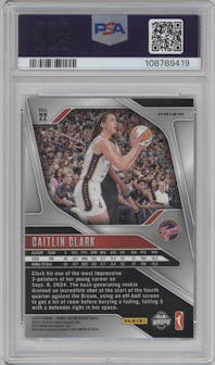 Caitlin Clark from the 2024 Panini Prizm WNBA set featuring a Silver Prizm parallel graded by PSA and given an overall grade of 9.