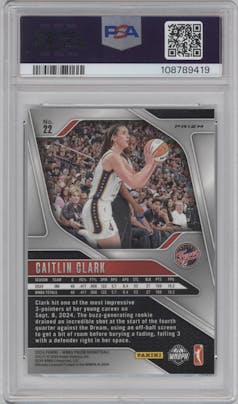 Caitlin Clark from the 2024 Panini Prizm WNBA set featuring a Silver Prizm parallel graded by PSA and given an overall grade of 9.