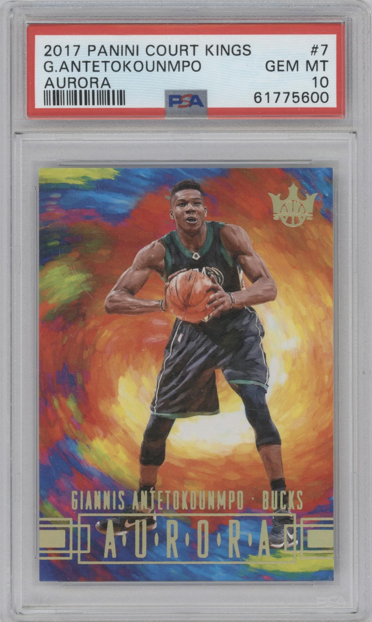 Giannis Antetokounmpo from the 2017-18 Panini Court Kings Basketball set graded by PSA and given an overall grade of 10.