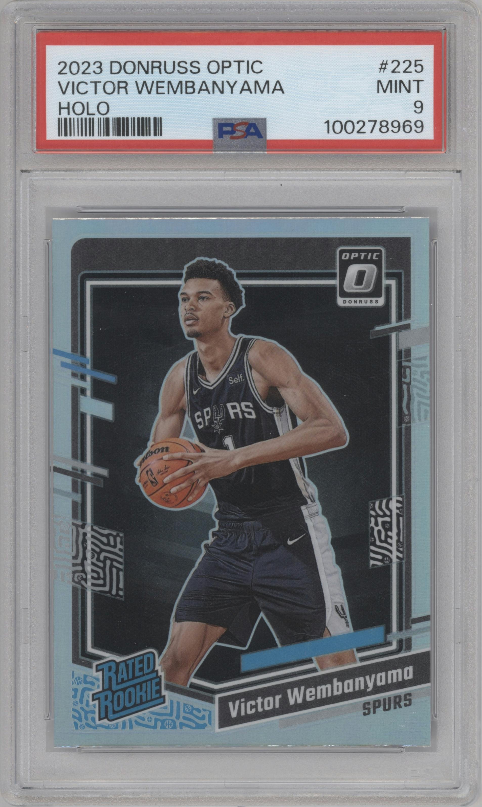 Victor Wembanyama from the 2023-24 Donruss Optic set featuring a Holo parallel graded by PSA and given an overall grade of 9.