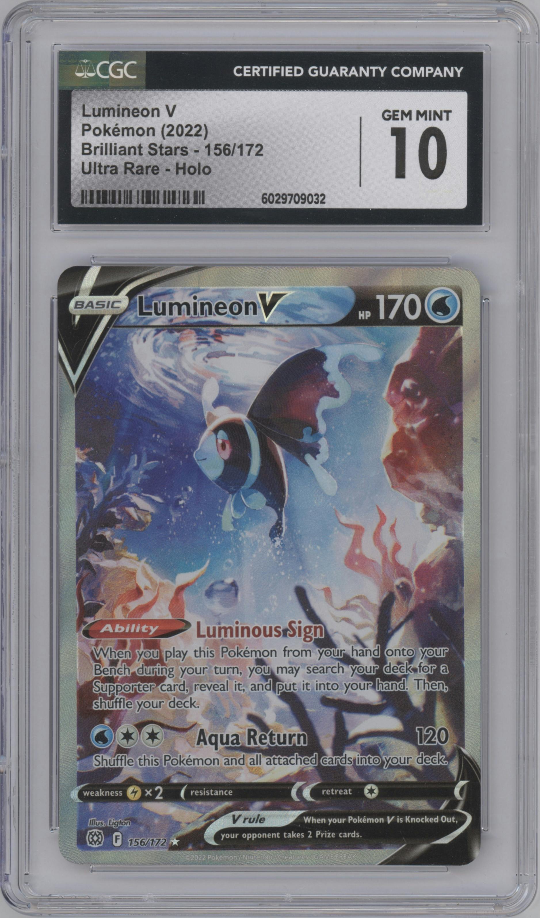 Lumineon V from the 2022 Pokemon SWSH set graded by CSG and given an overall grade of 10.