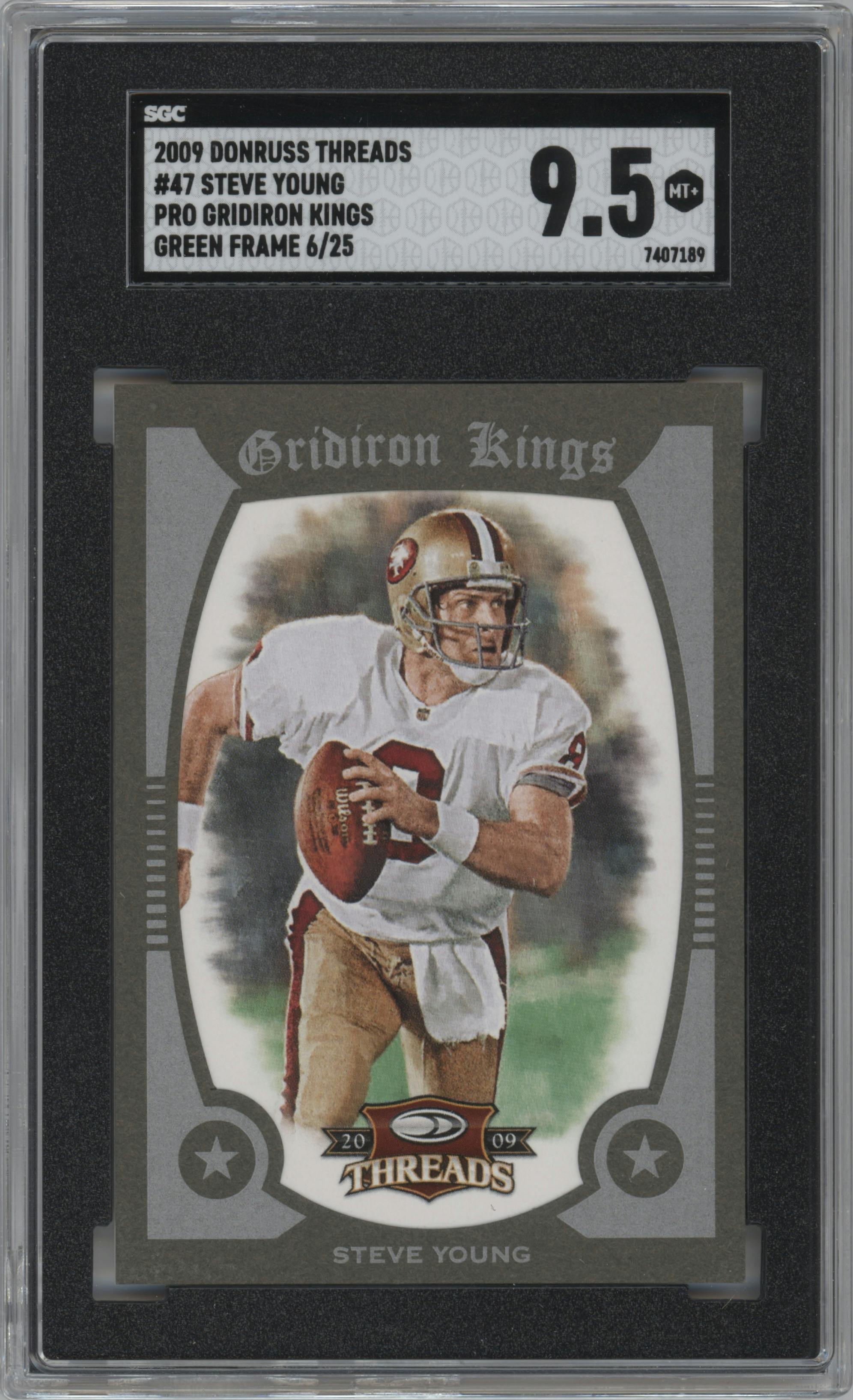 Steve Young from the 2009 Donruss Threads set featuring a Green Framed parallel graded by SGC and given an overall grade of 9.5.
