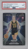 Caitlin Clark from the 2024 Panini Prizm Draft Picks set featuring a Silver Prizm parallel graded by PSA and given an overall grade of 9.