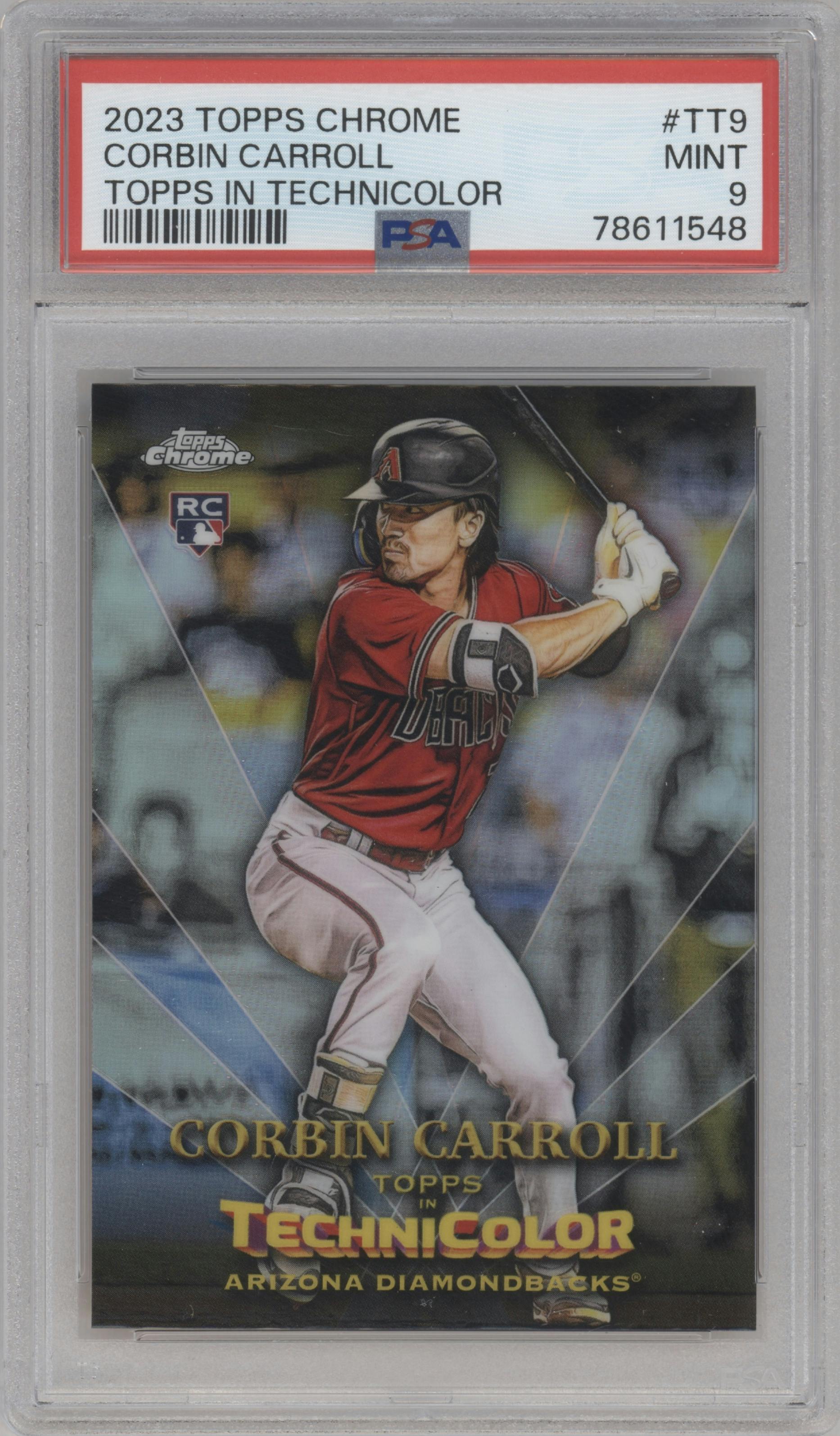 Corbin Carroll from the 2023 Topps Chrome set graded by PSA and given an overall grade of 9.