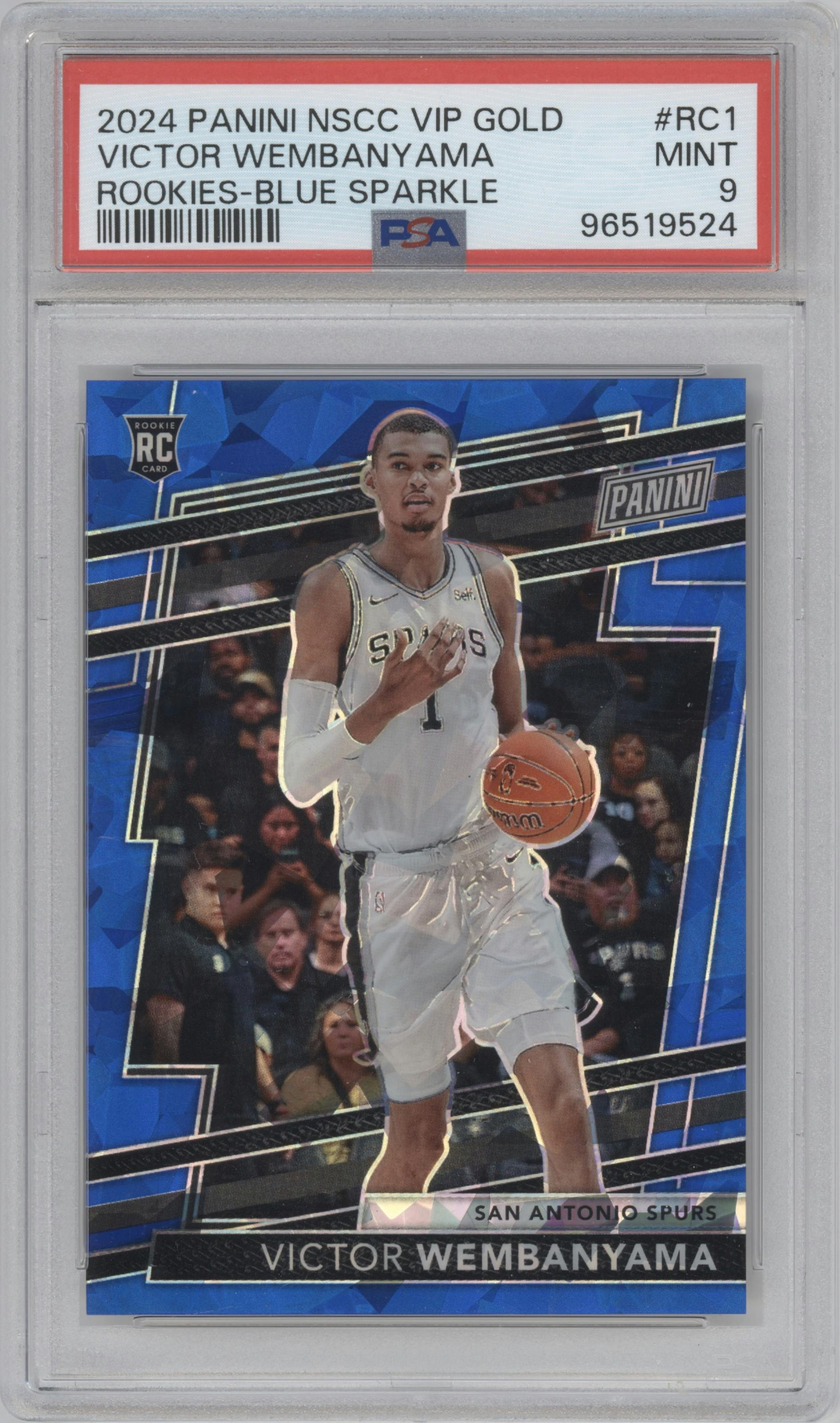 Victor Wembanyama from the 2024 Panini The National VIP set featuring a Blue Sparkle parallel graded by PSA and given an overall grade of 9.