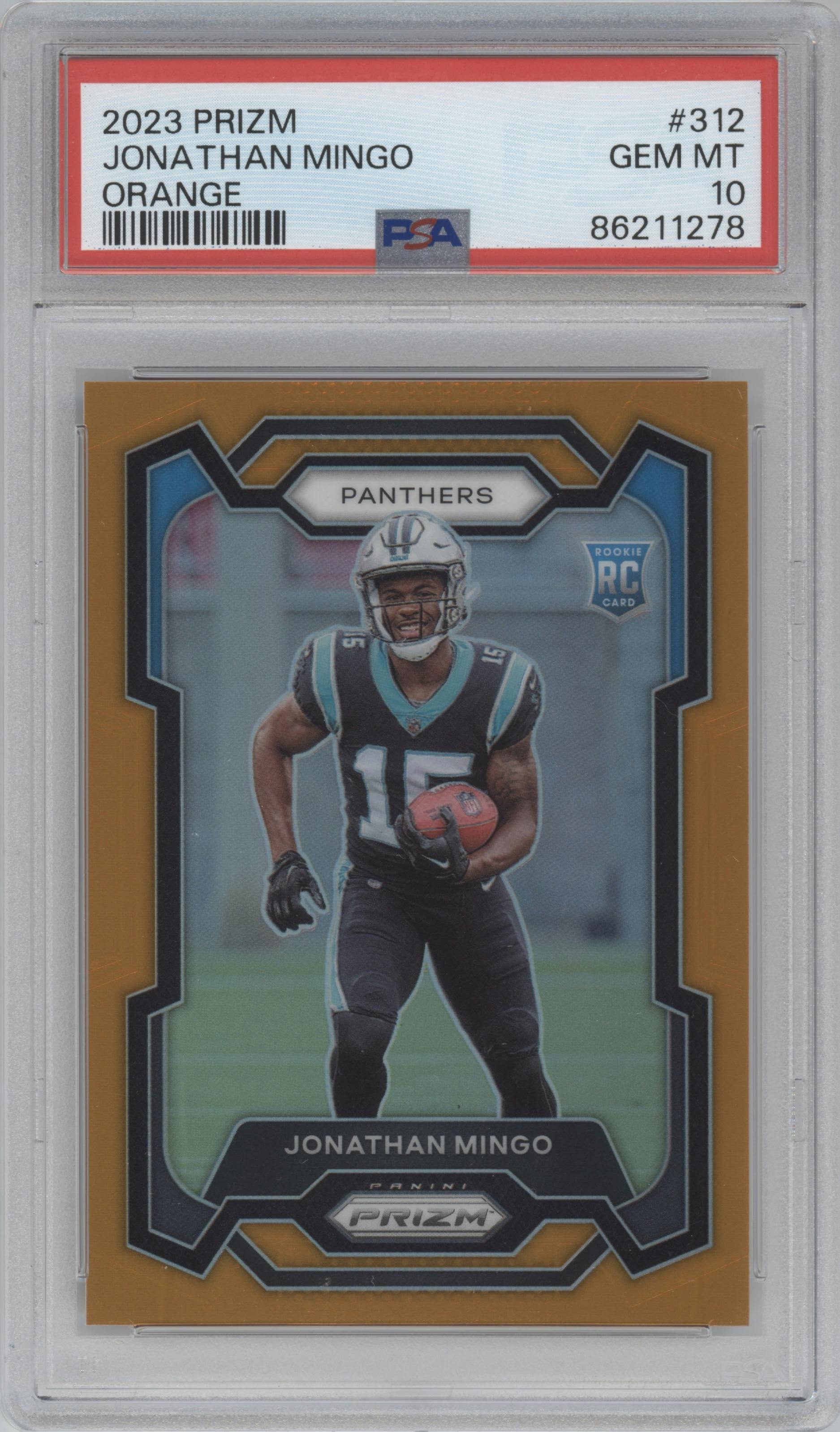 Jonathan Mingo from the 2023 Panini Prizm set featuring a Orange Prizm parallel graded by PSA and given an overall grade of 10.