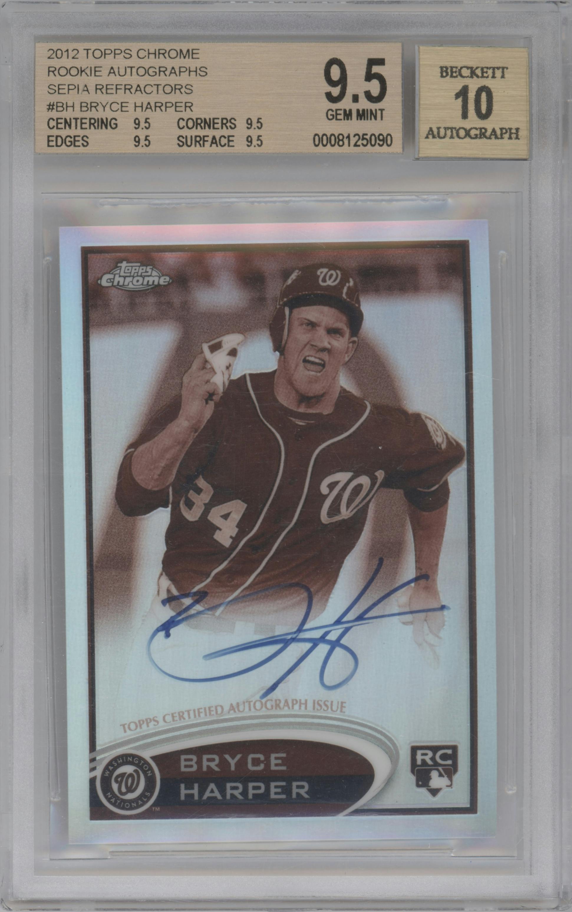 Bryce Harper from the 2012 Topps Chrome set featuring a Sepia Refractor parallel graded by Beckett and given an overall grade of 9.5.