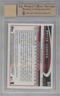 Bryce Harper from the 2012 Topps Chrome set featuring a Sepia Refractor parallel graded by Beckett and given an overall grade of 9.5.