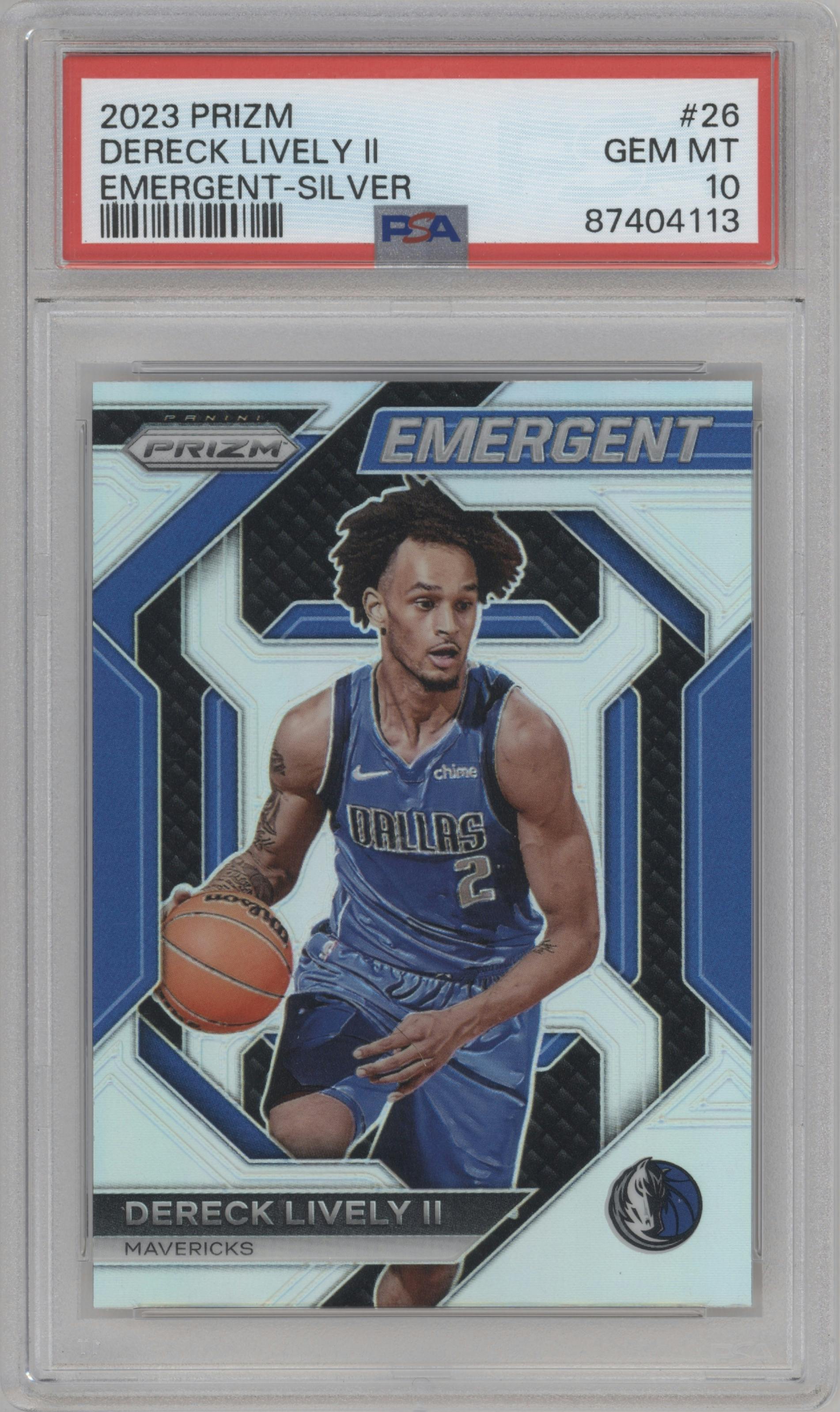 Dereck Lively II from the 2023-24 Panini Prizm set featuring a Silver Prizm parallel graded by PSA and given an overall grade of 10.