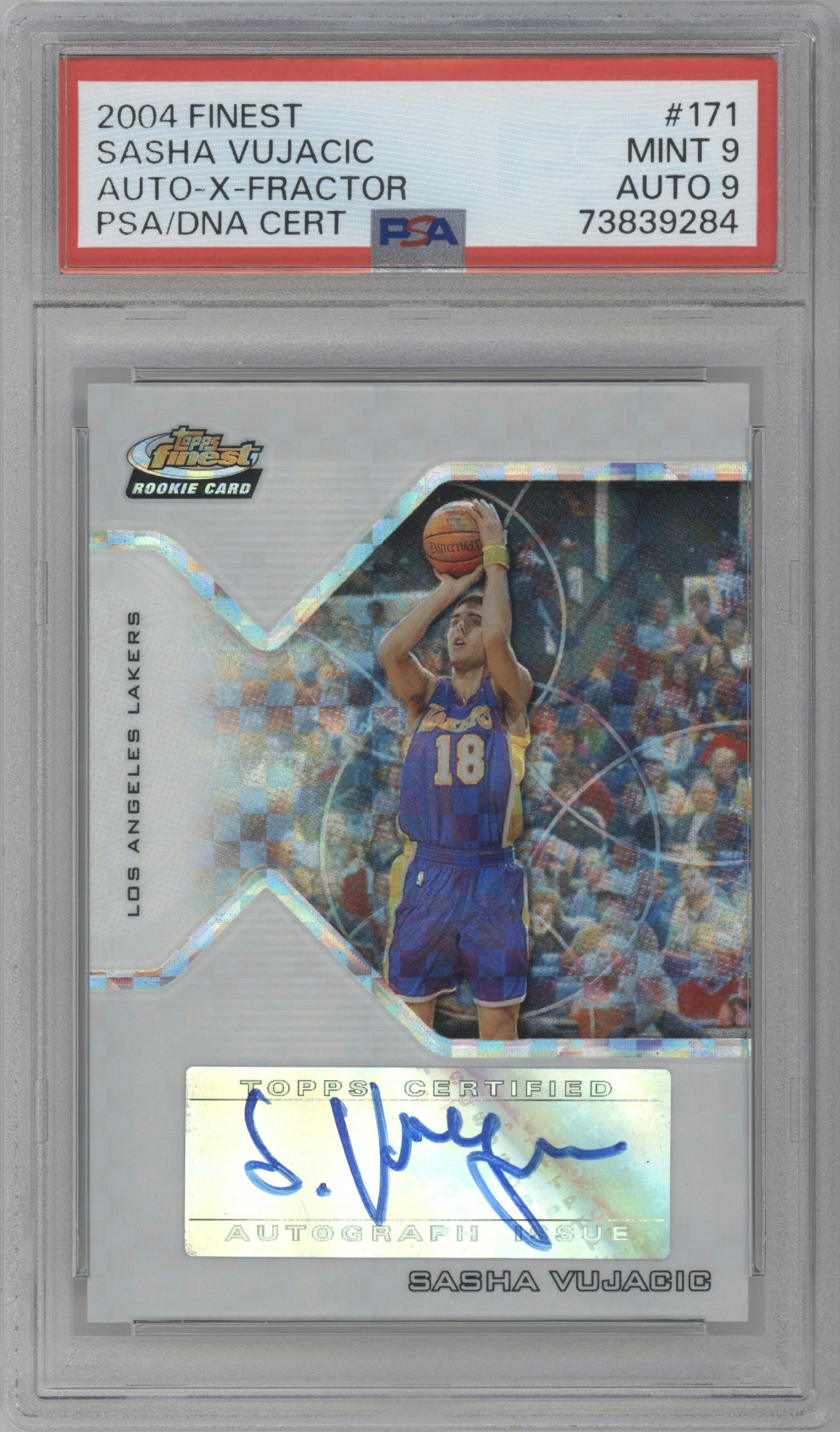 Sasha Vujacic from the 2004-05 Topps Finest set featuring a X-Fractor parallel graded by PSA and given an overall grade of 9.