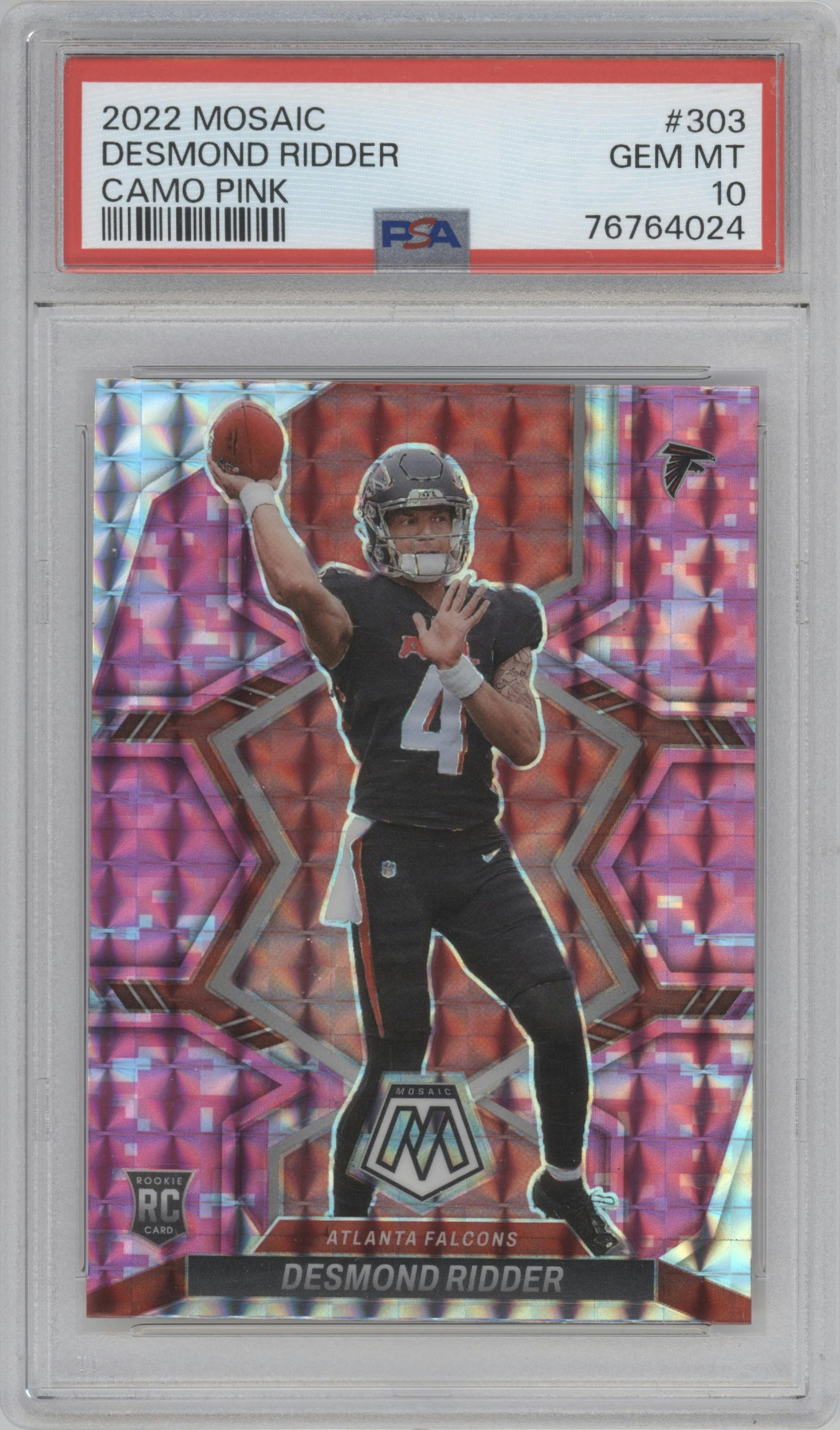 Desmond Ridder from the 2022 Panini Mosaic set featuring a Pink Camo parallel graded by PSA and given an overall grade of 10.