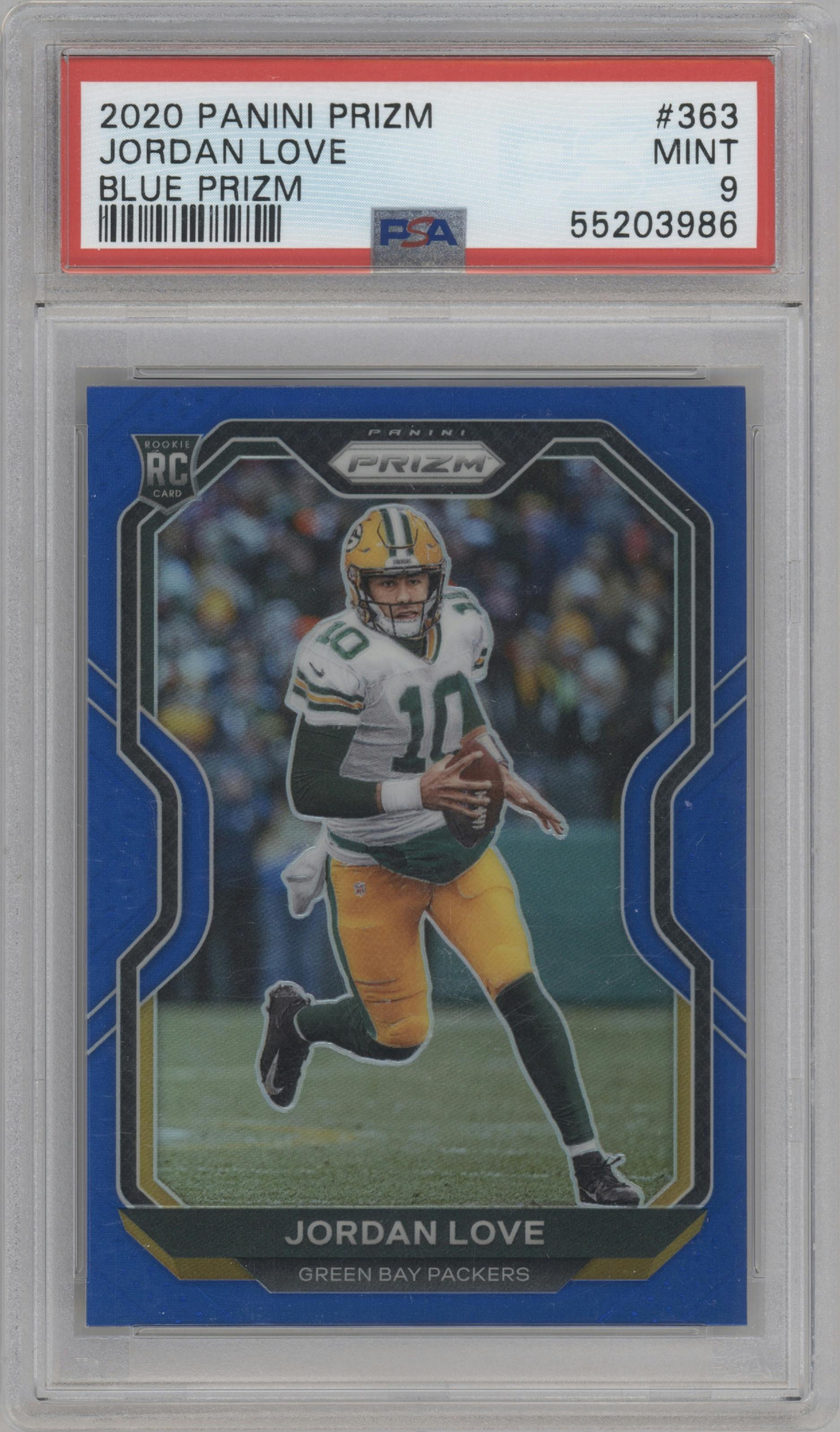 Jordan Love from the 2020 Panini Prizm set featuring a Blue Prizm parallel graded by PSA and given an overall grade of 9.