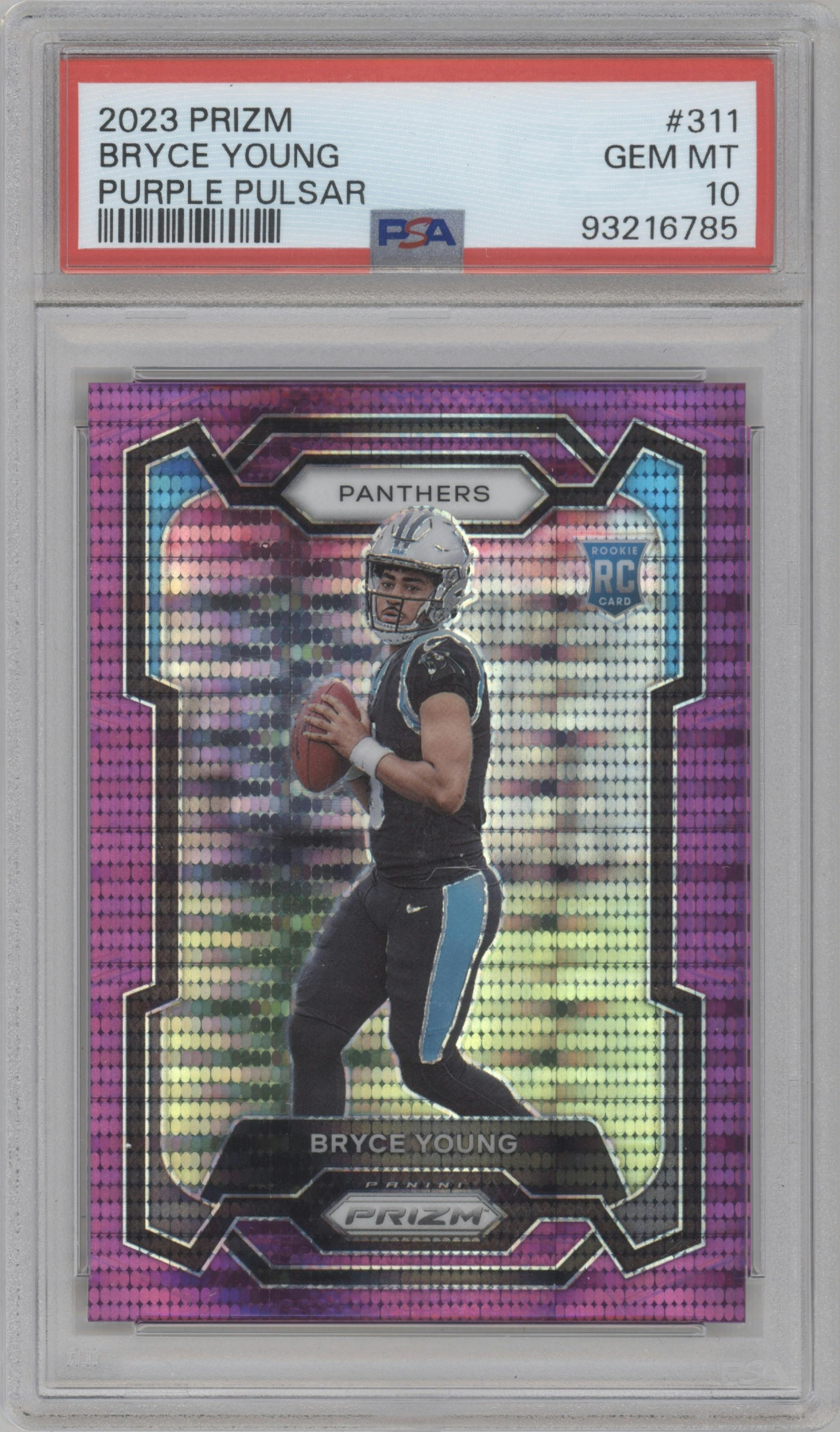 Bryce Young from the 2023 Panini Prizm set featuring a Purple Pulsar parallel graded by PSA and given an overall grade of 10.
