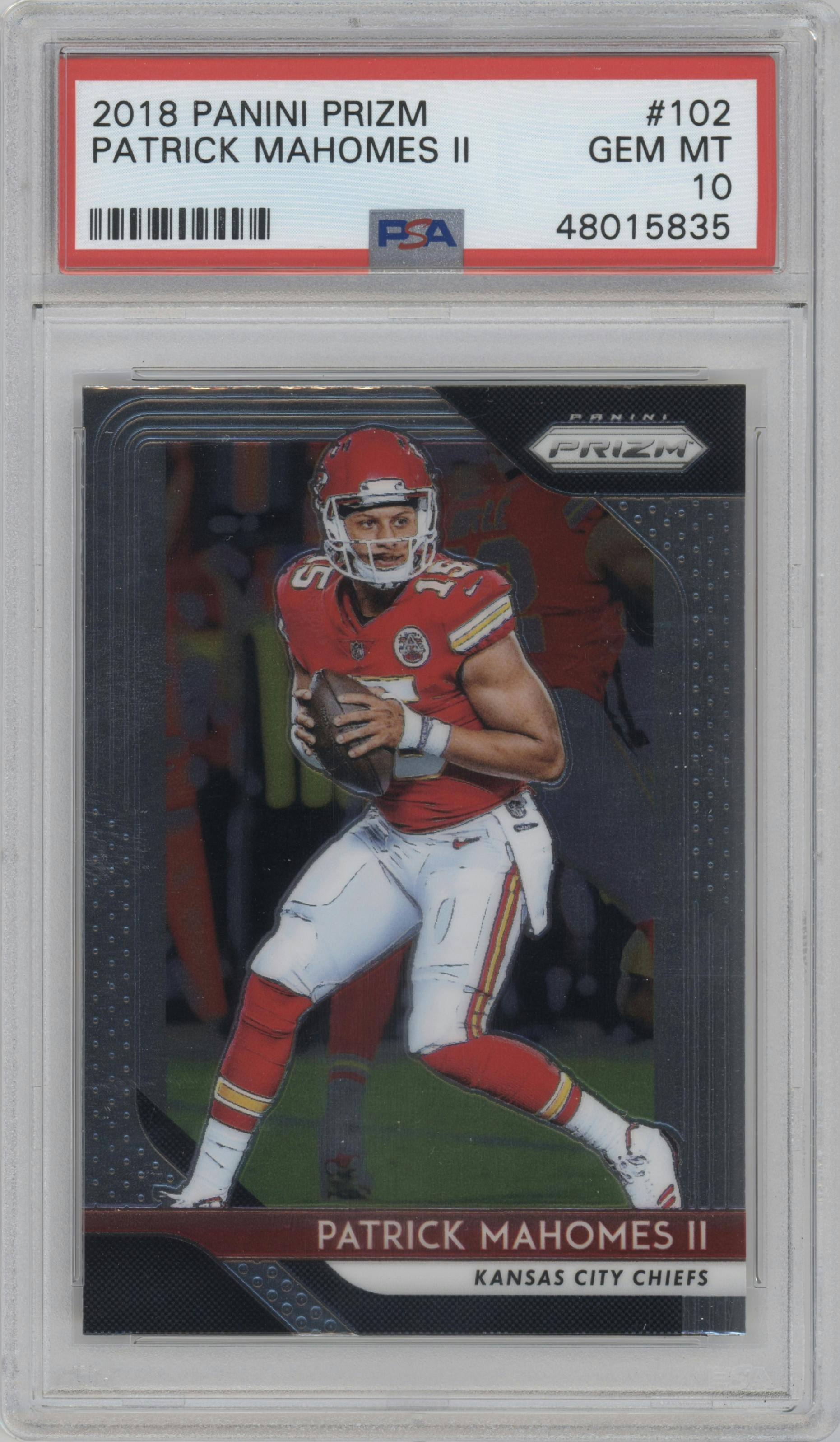 Patrick Mahomes II from the 2018 Panini Prizm set graded by PSA and given an overall grade of 10.