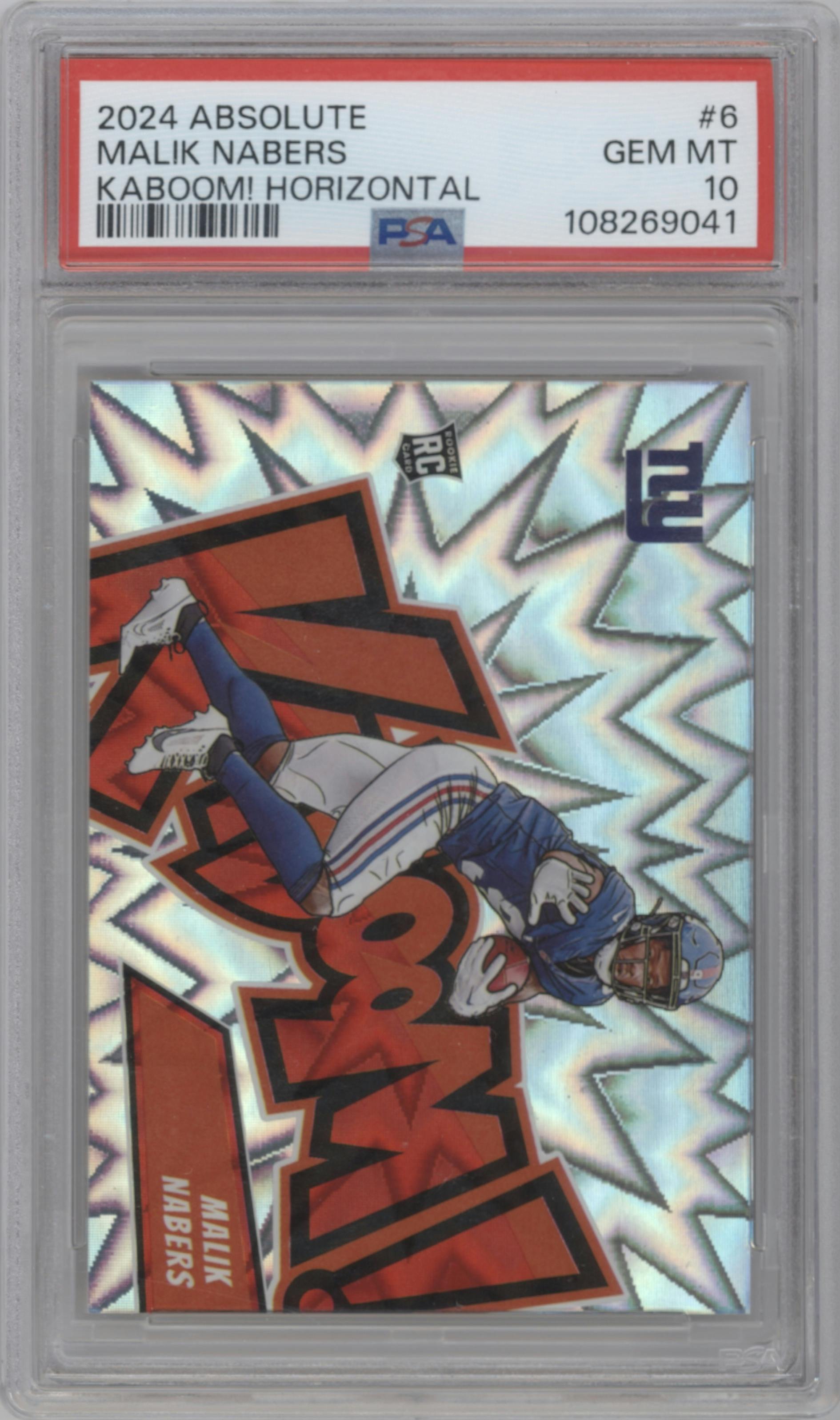 Malik Nabers from the 2024 Panini Absolute set graded by PSA and given an overall grade of 10.