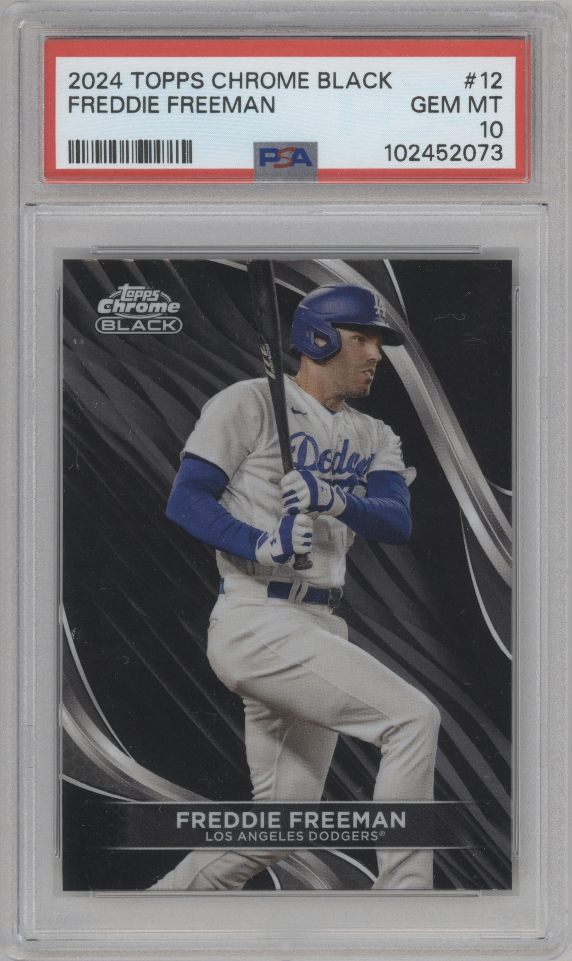 Freddie Freeman from the  2024 Topps Chrome Black set graded by PSA and given an overall grade of 10.