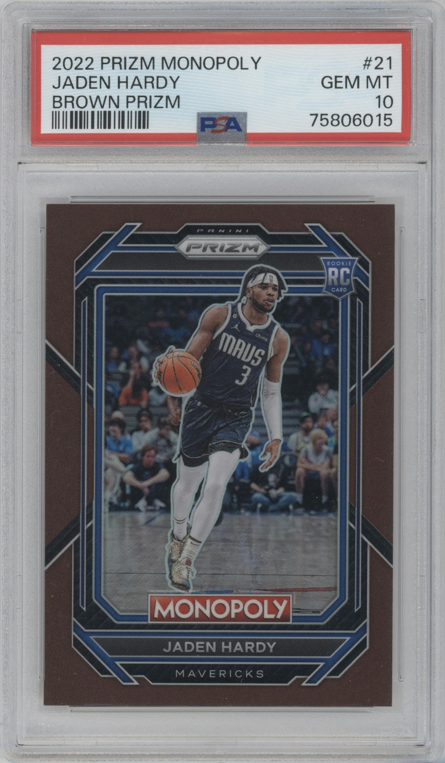 Jaden Hardy from the 2022-23 Panini Prizm Monopoly set featuring a Brown Prizm parallel graded by PSA and given an overall grade of 10.