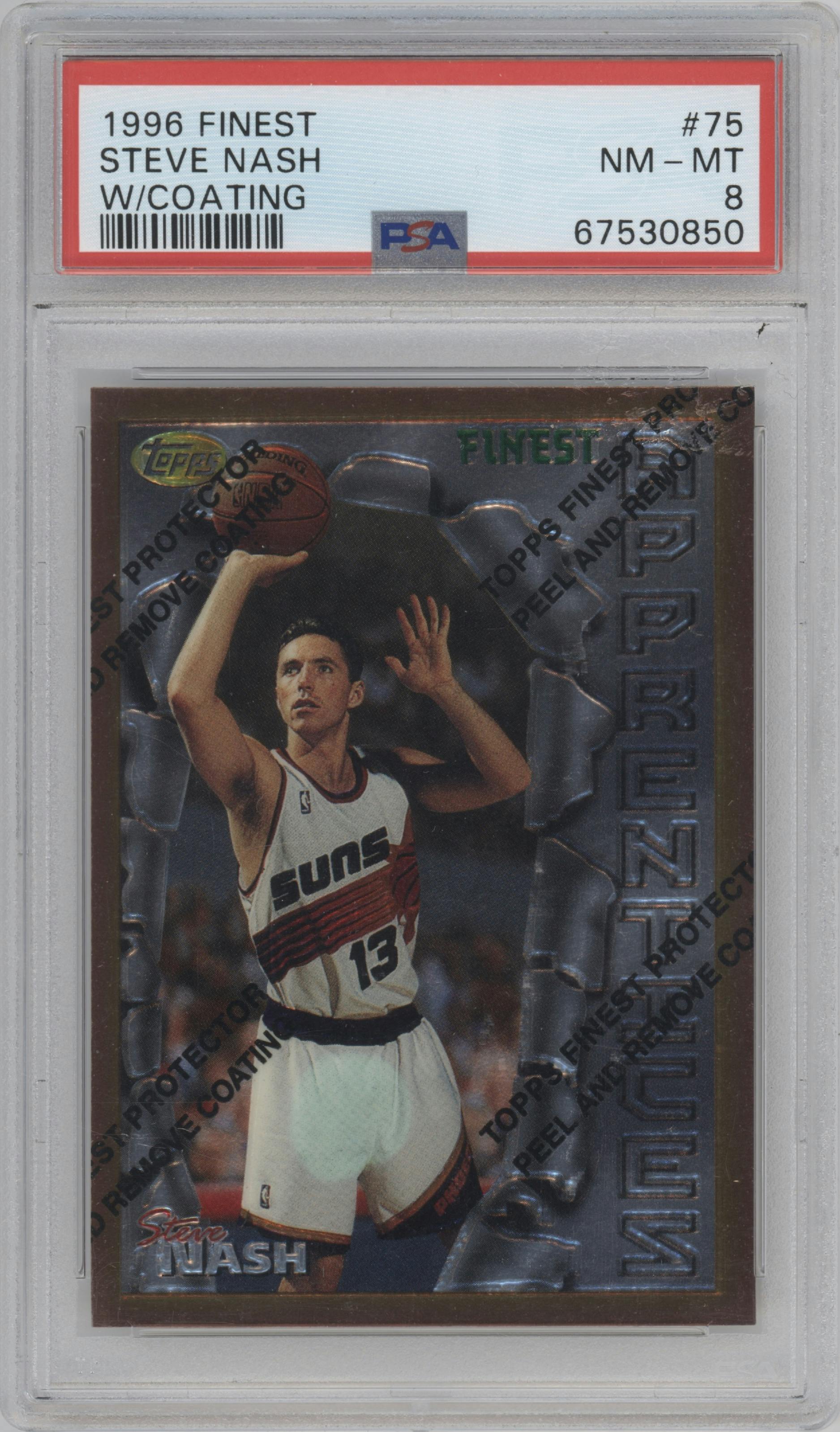 Steve Nash from the 1996-97 Topps Finest set featuring a W/ Coating parallel graded by PSA and given an overall grade of 8.