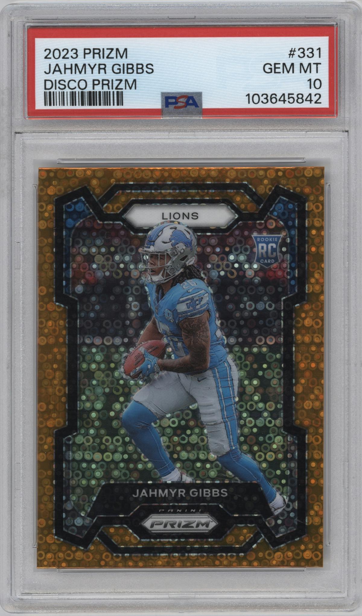 Jahmyr Gibbs from the 2023 Panini Prizm set featuring a Disco parallel graded by PSA and given an overall grade of 10.