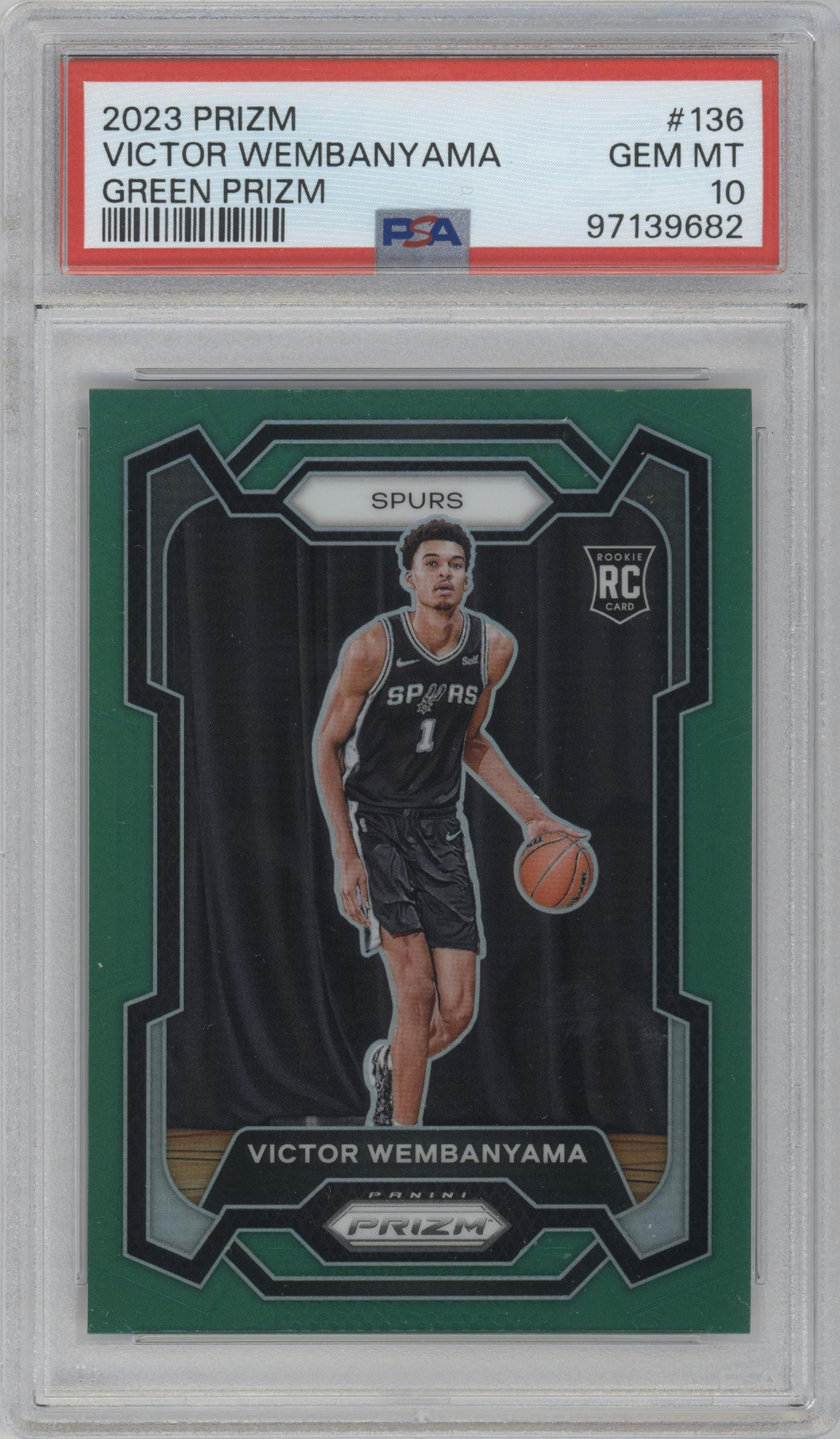 Victor Wembanyama from the 2023-24 Panini Prizm set featuring a Green Prizm parallel graded by PSA and given an overall grade of 10.