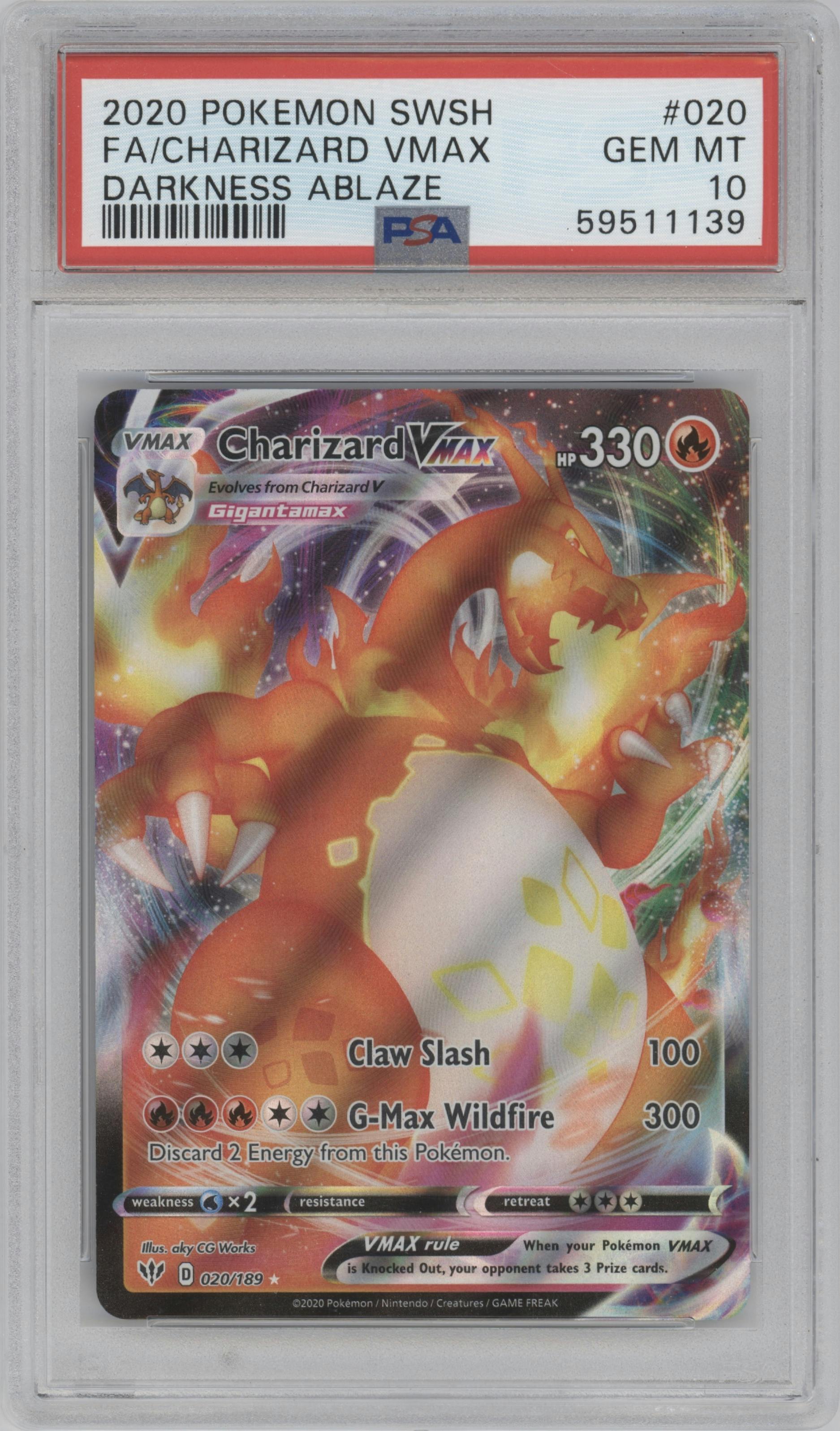 Charizard VMAX from the 2020 Pokemon SWSH set graded by PSA and given an overall grade of 10.