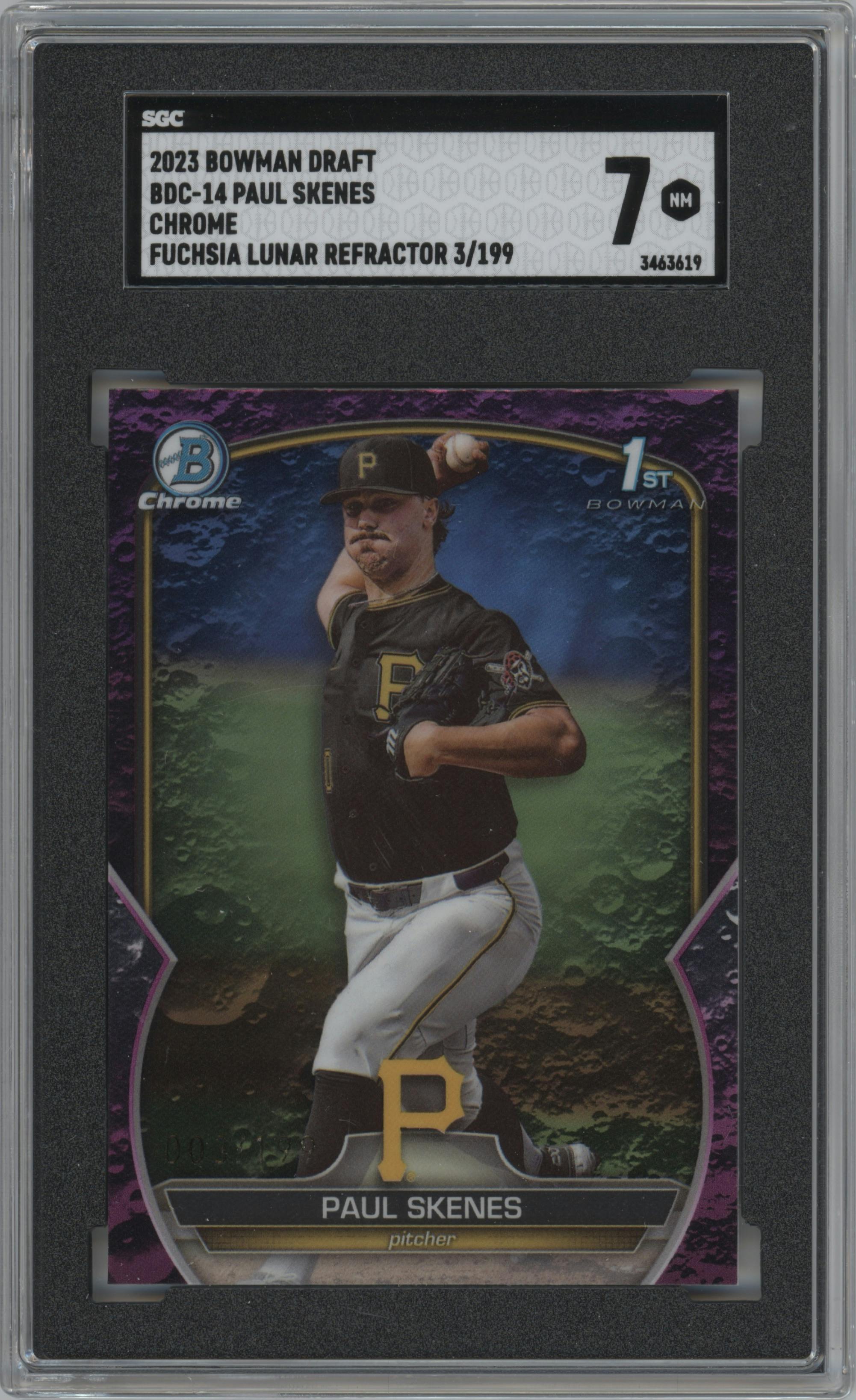 Paul Skenes from the 2023 Bowman Draft set featuring a Fuchsia Lunar Refractor parallel graded by SGC and given an overall grade of 7.