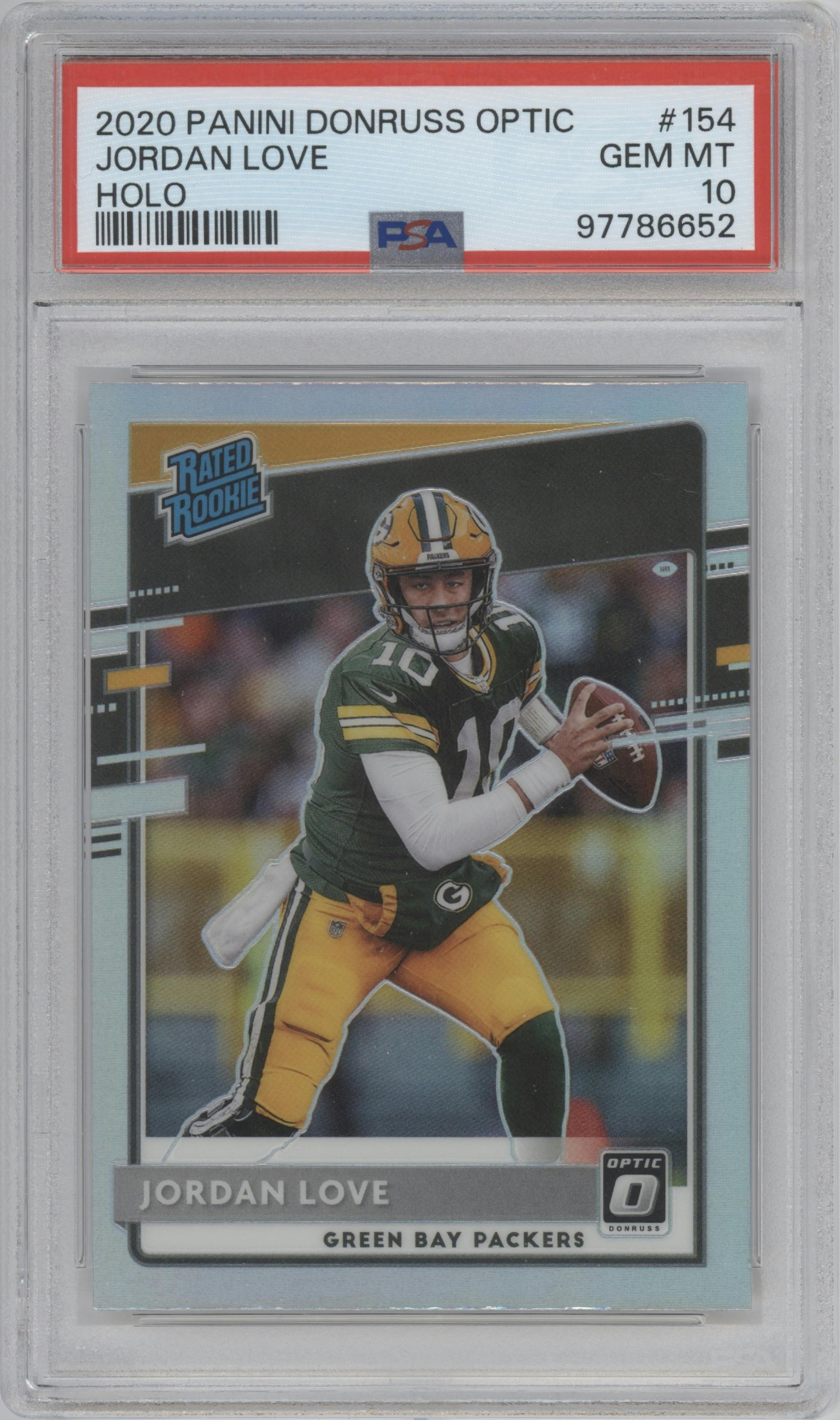 Jordan Love from the 2020 Panini Donruss Optic set featuring a Holo parallel graded by PSA and given an overall grade of 10.
