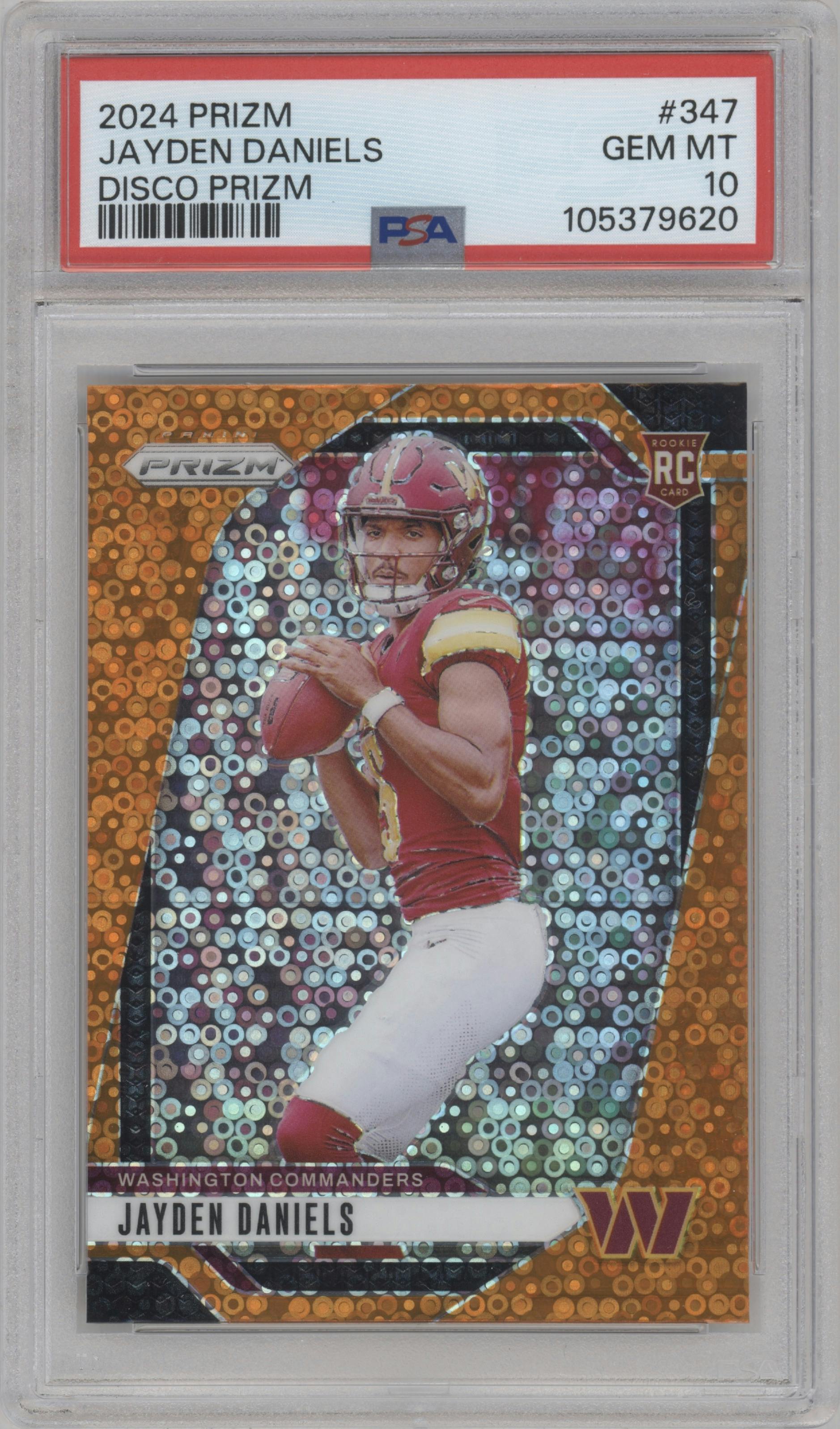Jayden Daniels from the 2024 Panini Prizm set featuring a Disco parallel graded by PSA and given an overall grade of 10.