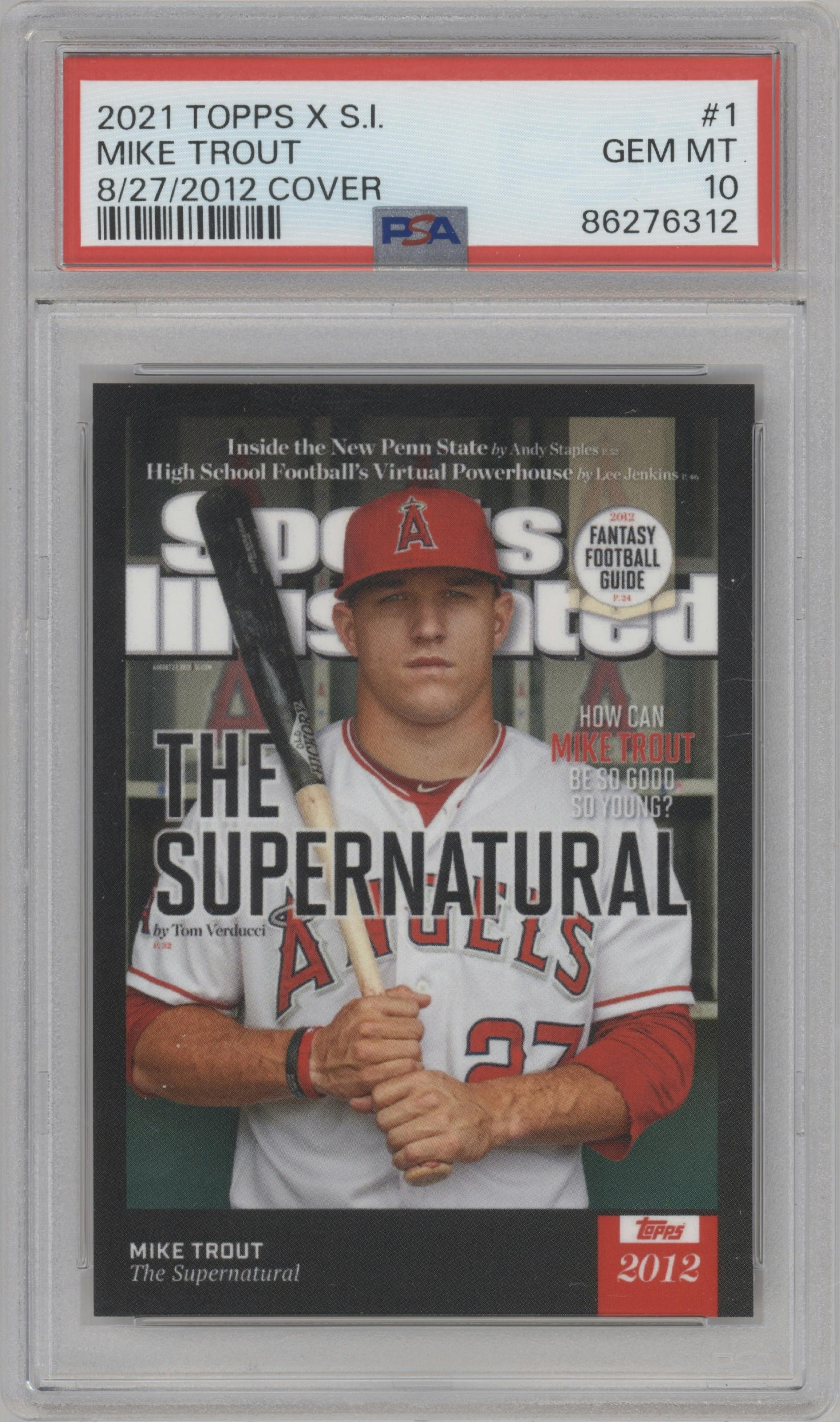 Mike Trout from the 2021 Topps X Sports Illustrated set graded by PSA and given an overall grade of 10.