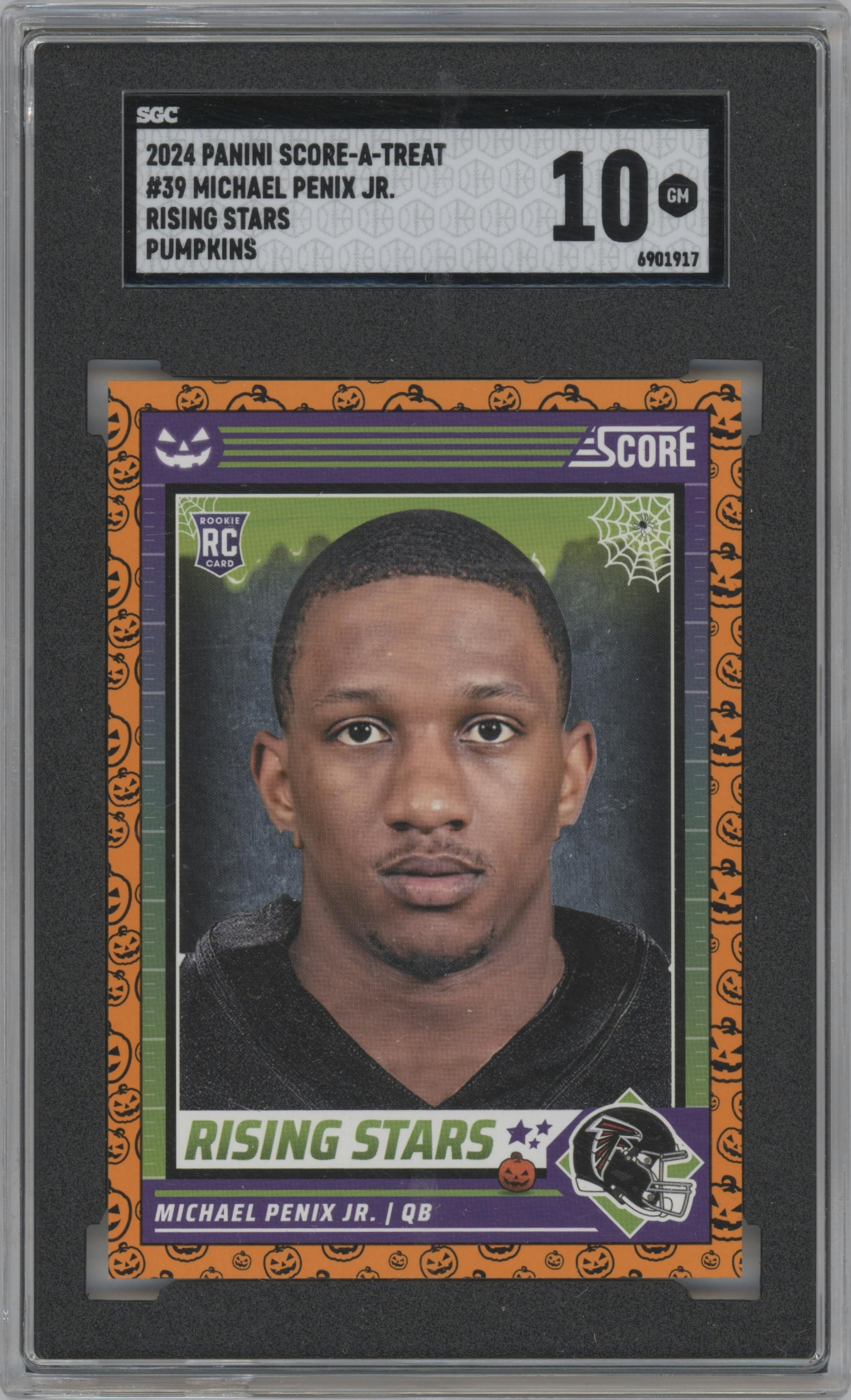Michael Penix Jr. from the 2024 Score-a-Treat set featuring a Pumpkin parallel graded by SGC and given an overall grade of 10.