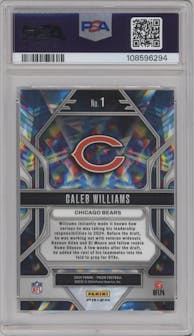 Caleb Williams from the 2024 Panini Prizm set featuring a Green Prizm parallel graded by PSA and given an overall grade of 10.