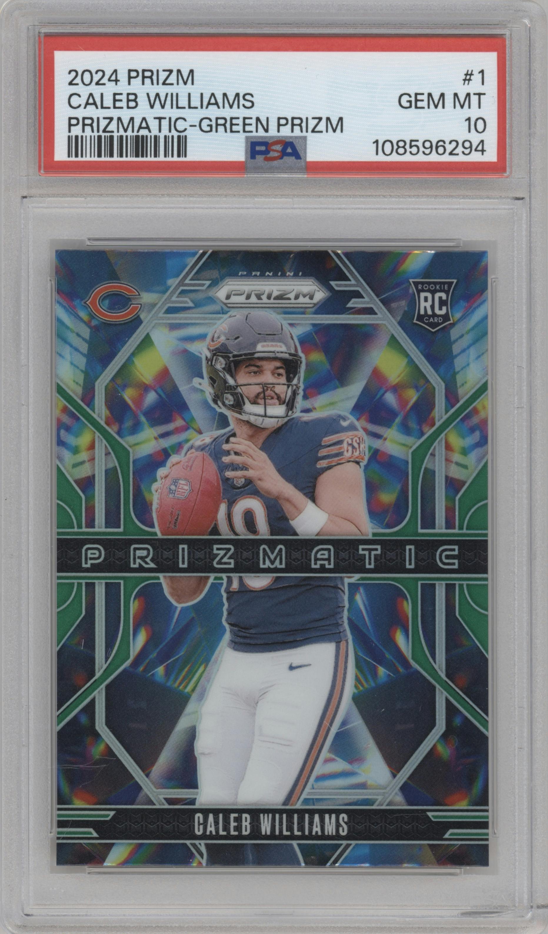 Caleb Williams from the 2024 Panini Prizm set featuring a Green Prizm parallel graded by PSA and given an overall grade of 10.