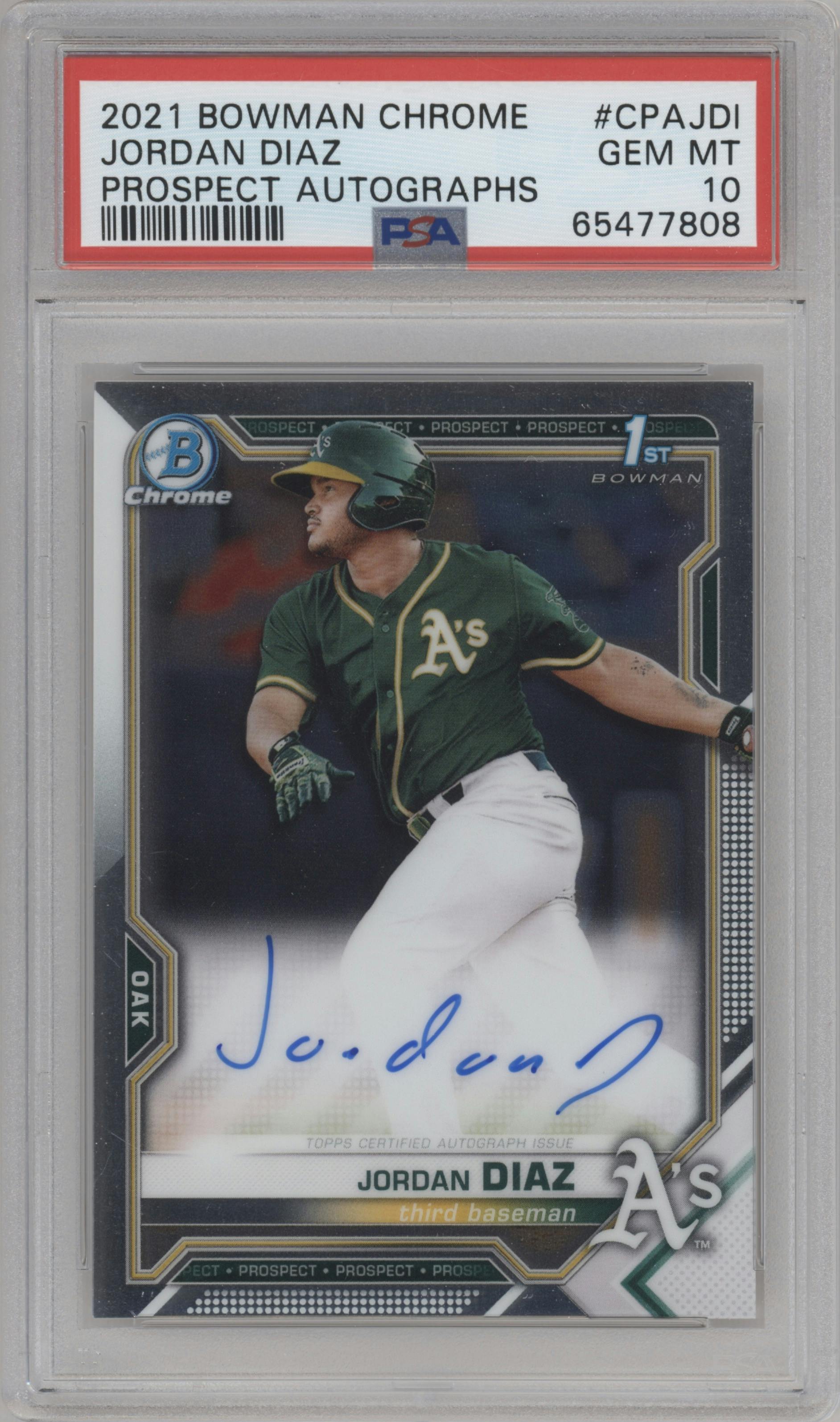 Jordan Diaz from the 2021 Bowman Chrome set graded by PSA and given an overall grade of 10.