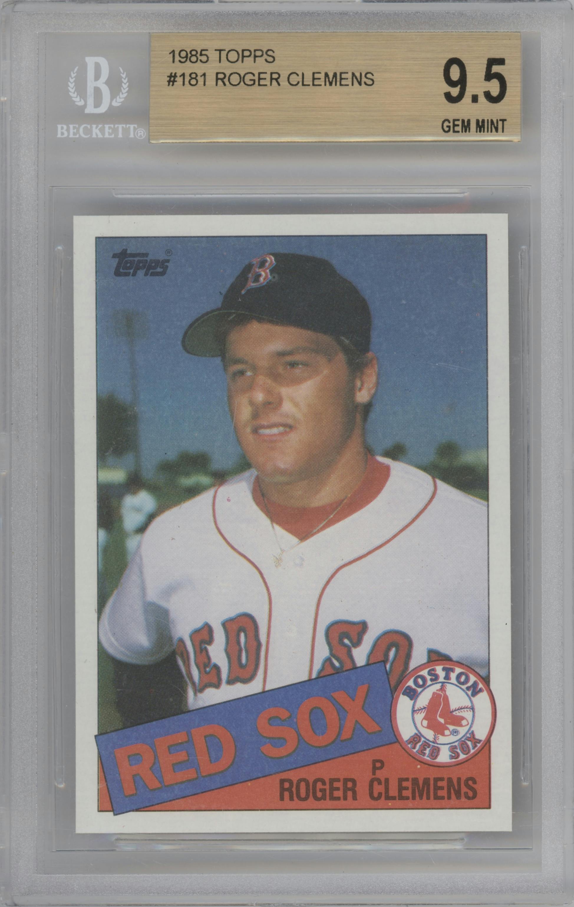 Roger Clemens from the 1985 Topps set graded by Beckett and given an overall grade of 9.5.
