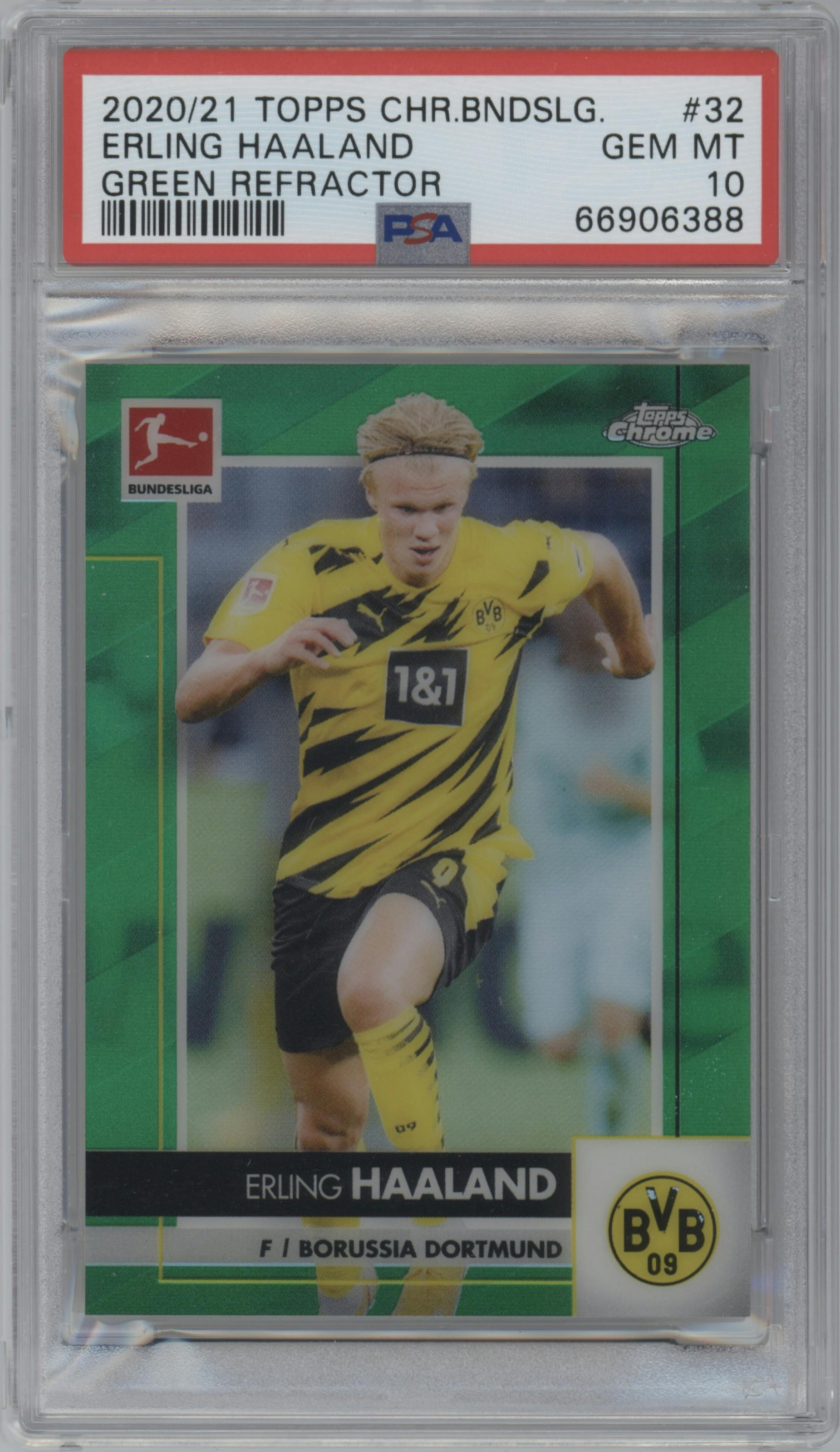 Erling Haaland from the 2020-21 Topps Chrome Bundesliga set featuring a Green Refractor parallel graded by PSA and given an overall grade of 10.