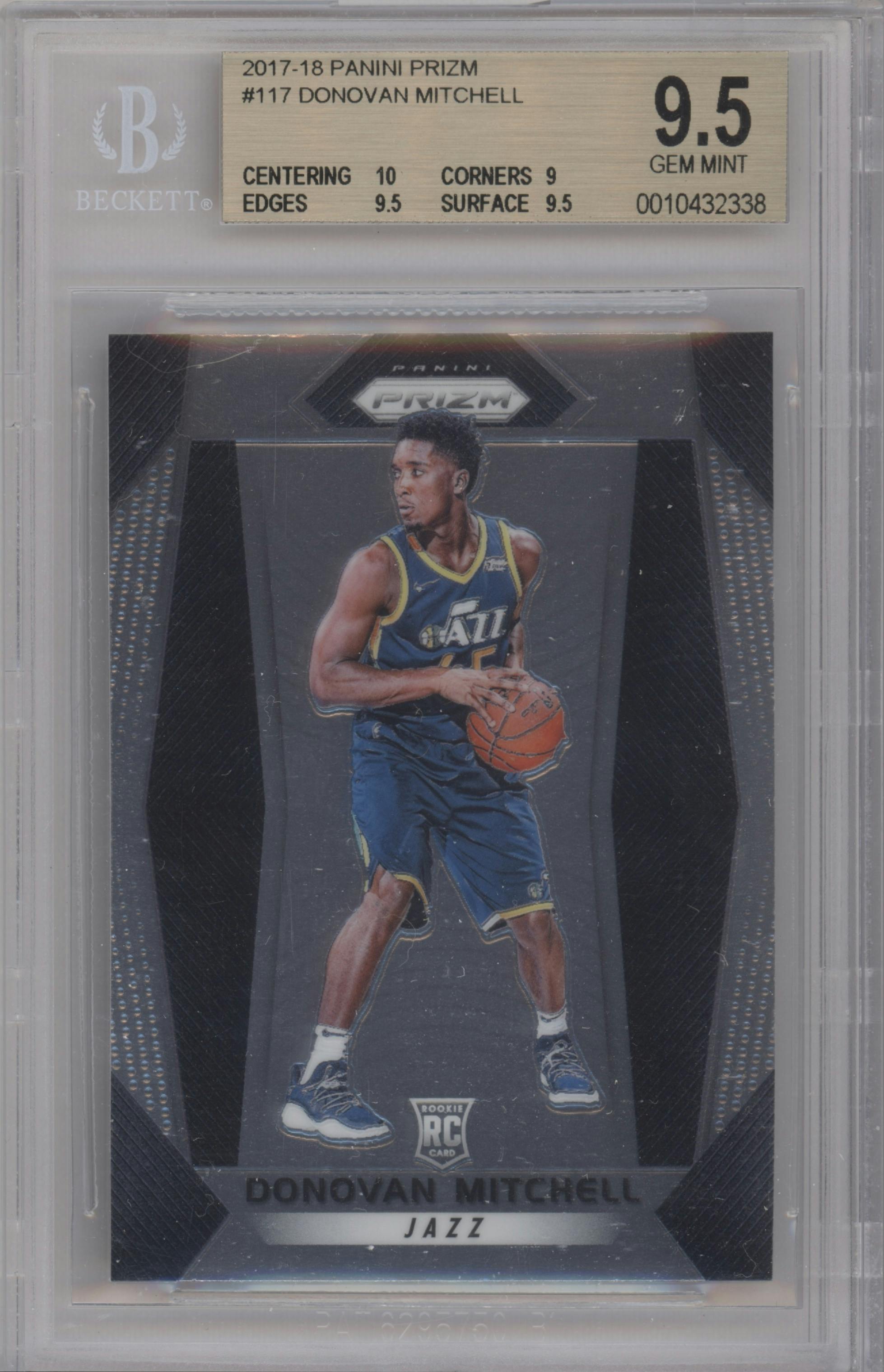 Donovan Mitchell from the 2017-18 Panini Prizm  set graded by Beckett and given an overall grade of 9.5.