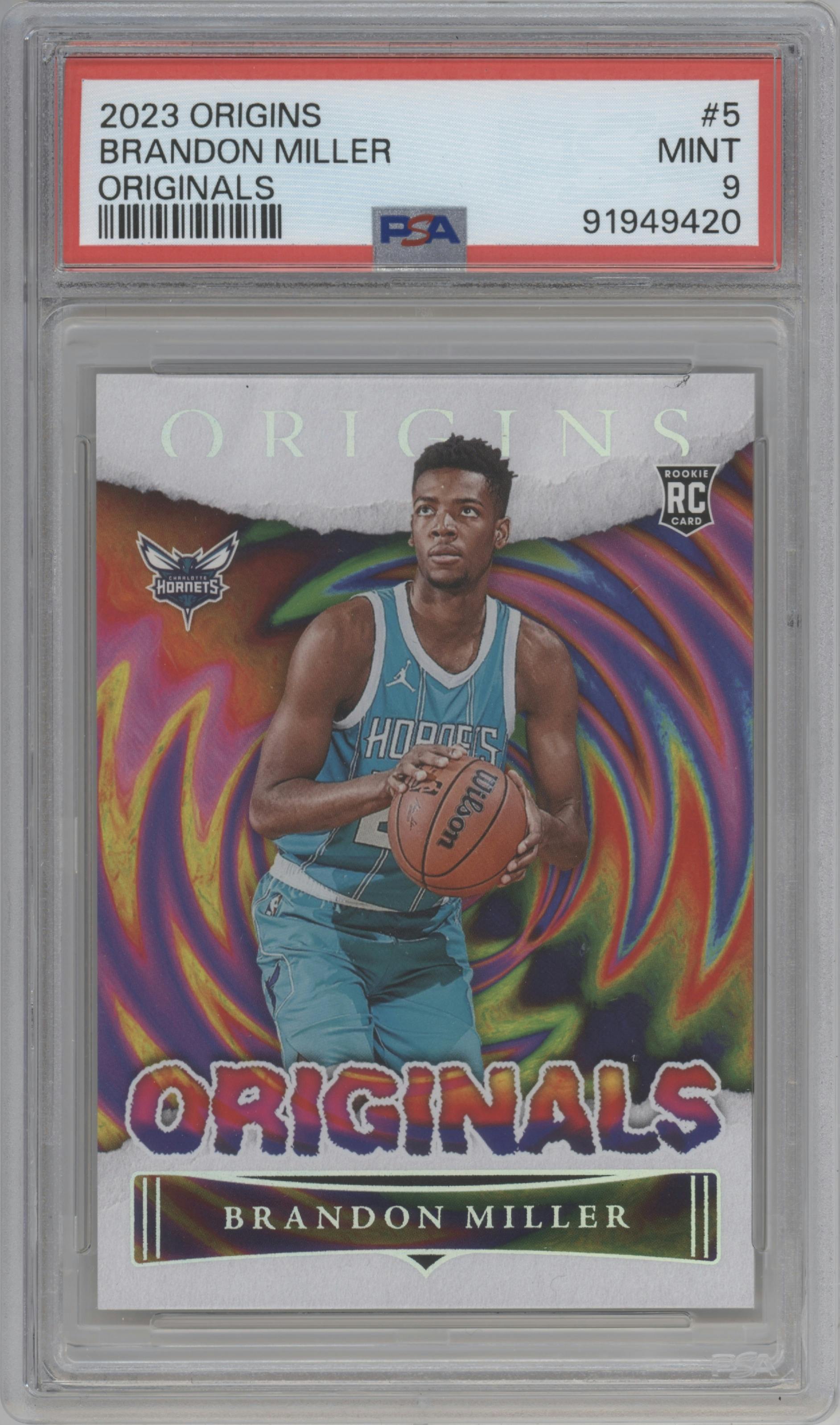 Brandon Miller from the 2023-24 Panini Origins set graded by PSA and given an overall grade of 9.