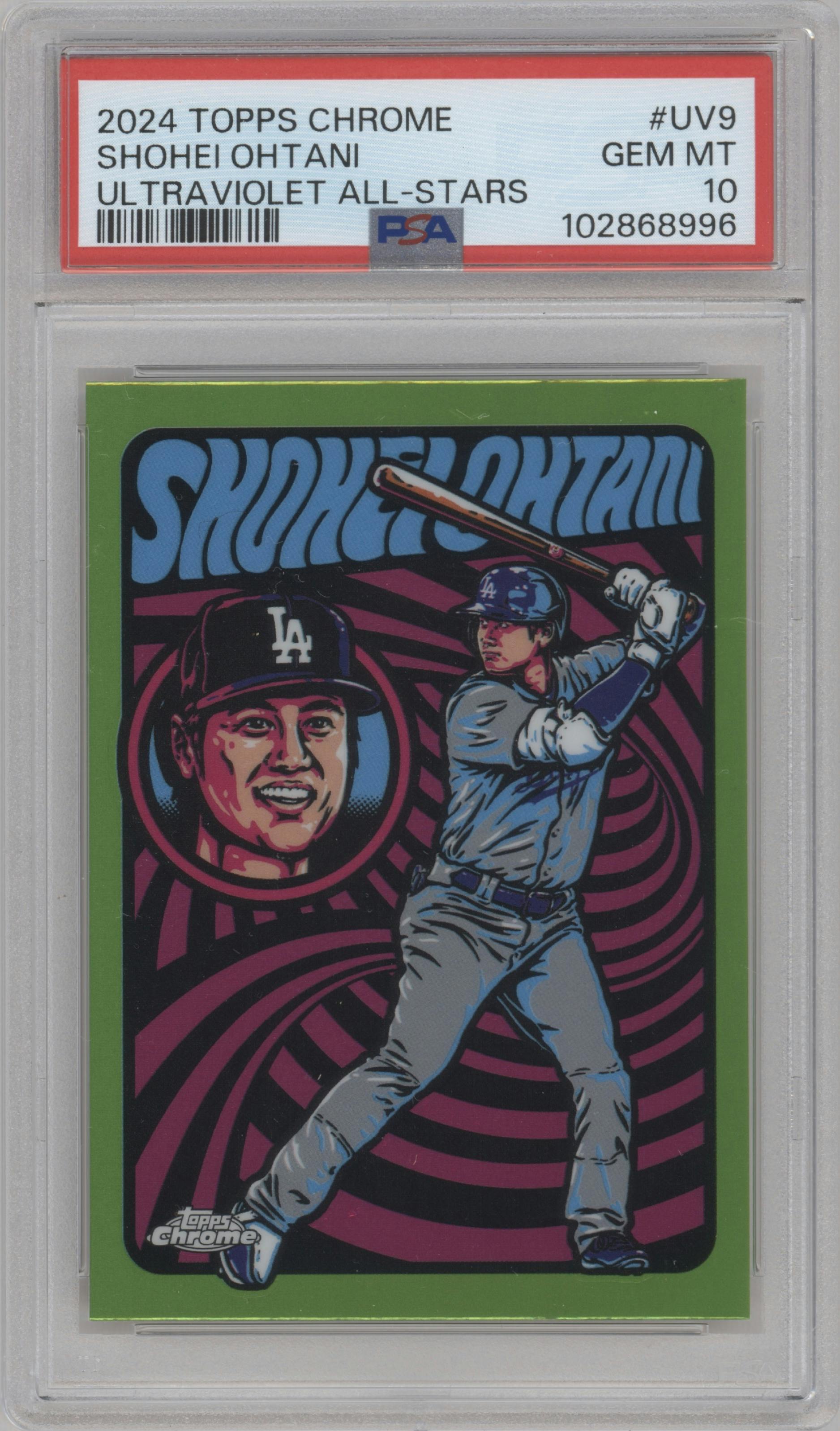 Shohei Ohtani from the 2024 Topps Chrome set graded by PSA and given an overall grade of 10.