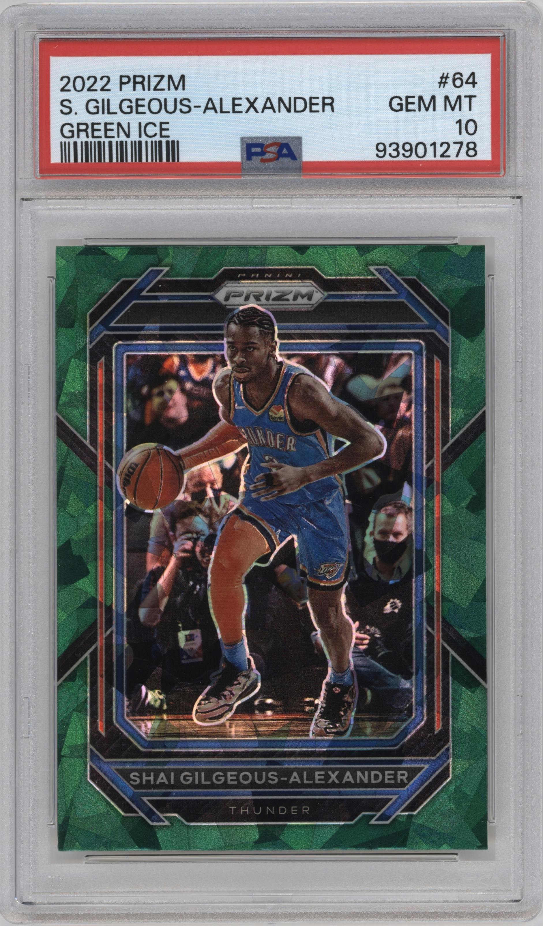 Shai Gilgeous-Alexander from the 2022-23 Panini Prizm  set featuring a Green Ice parallel graded by PSA and given an overall grade of 10.