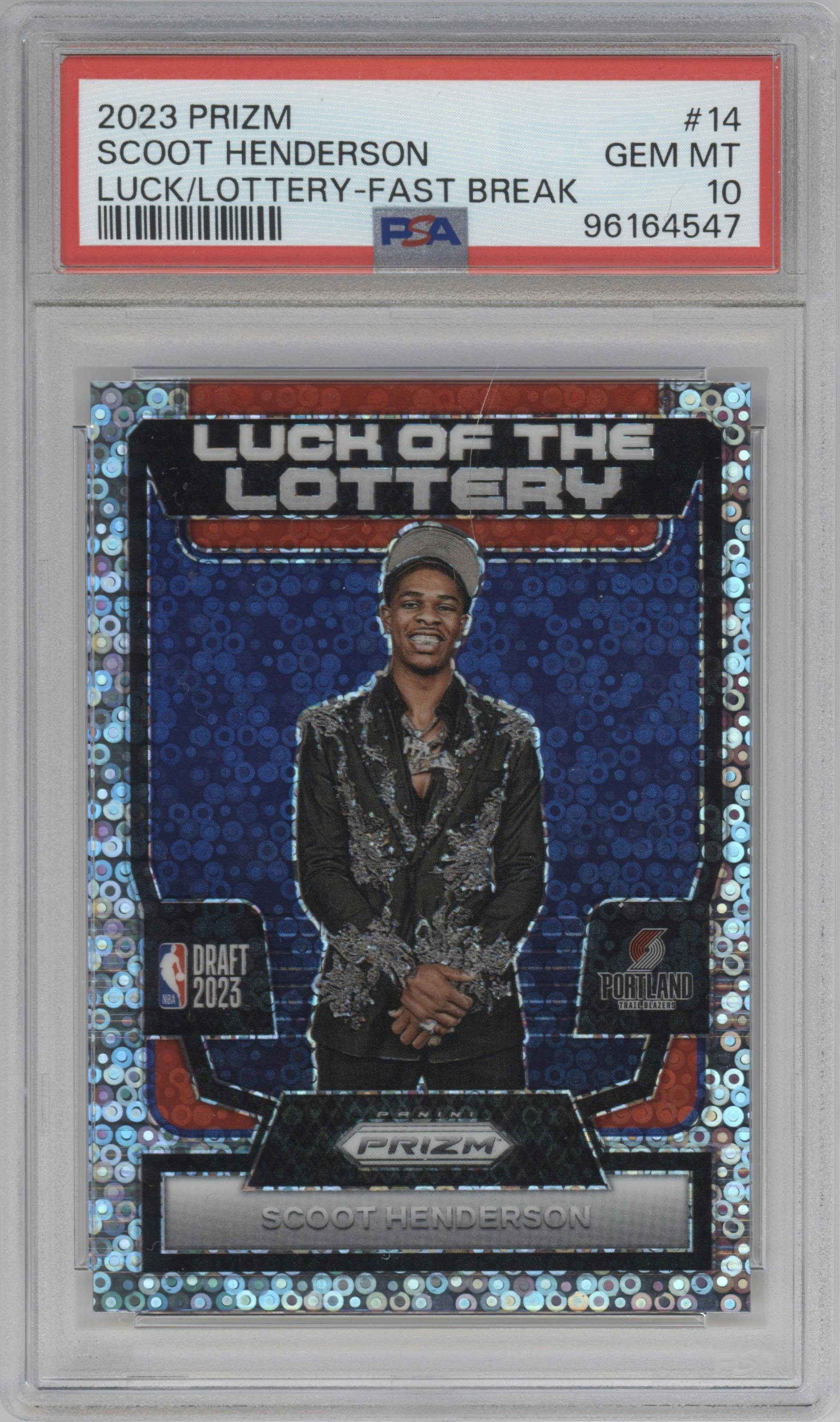 Scoot Henderson from the 2023-24 Panini Prizm set featuring a Fast Break parallel graded by PSA and given an overall grade of 10.