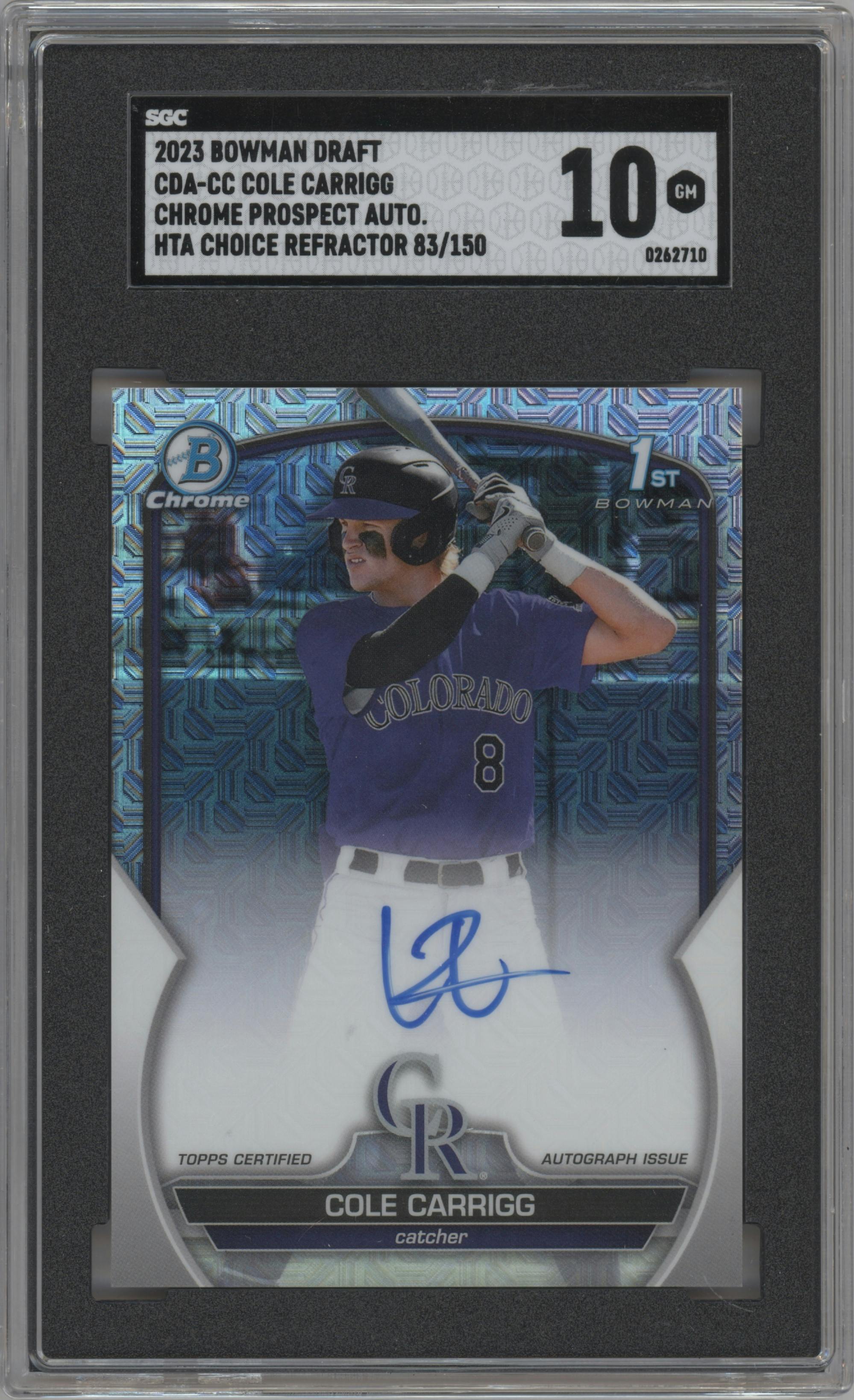 Cole Carrigg from the 2023 Bowman Draft set featuring a HTA Choice Refractor parallel graded by SGC and given an overall grade of 10.